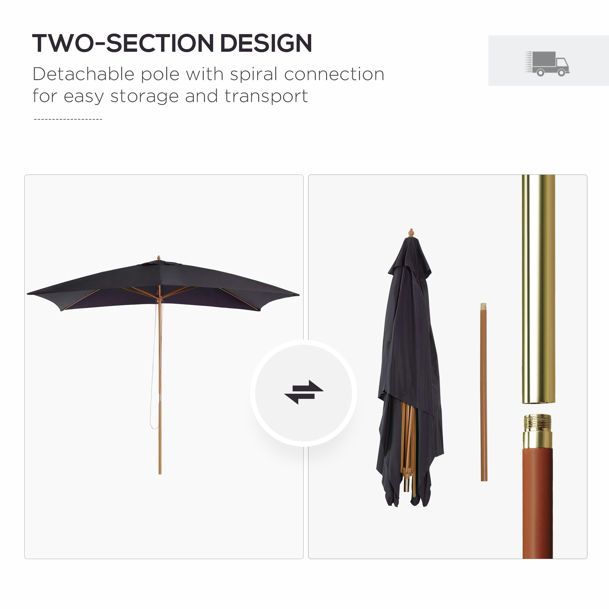 Outsunny 2 x 3m Wooden Garden Parasol Umbrella Outdoor Sun Shade Canopy, Black 5