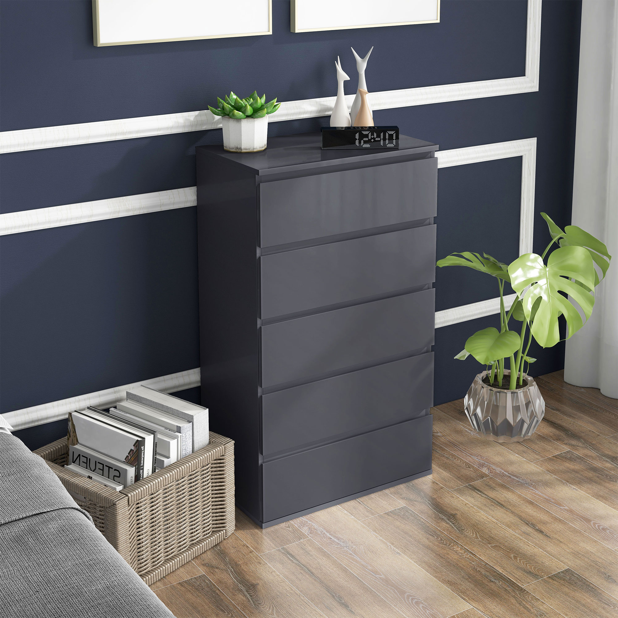 HOMCOM 5-Drawer Modern Dresser, High Gloss Storage Drawer Unit for Bedroom, Grey 2