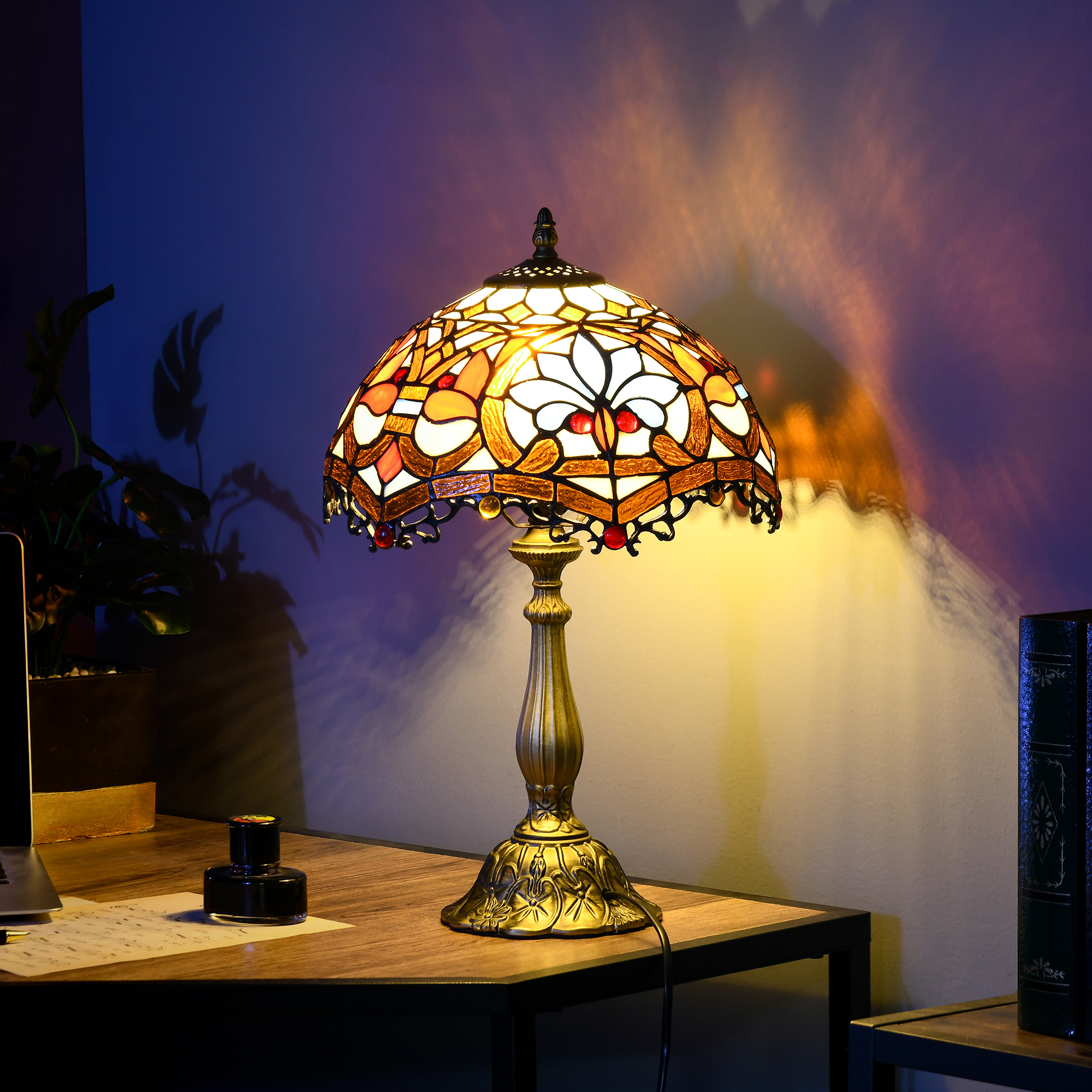 HOMCOM Stained Glass Table Lamp, Handcrafted Artisan Collectible, Suitable for Living Room and Bedside, Multi-Coloured, Ф30 x 48Hcm, Zinc Alloy. 2