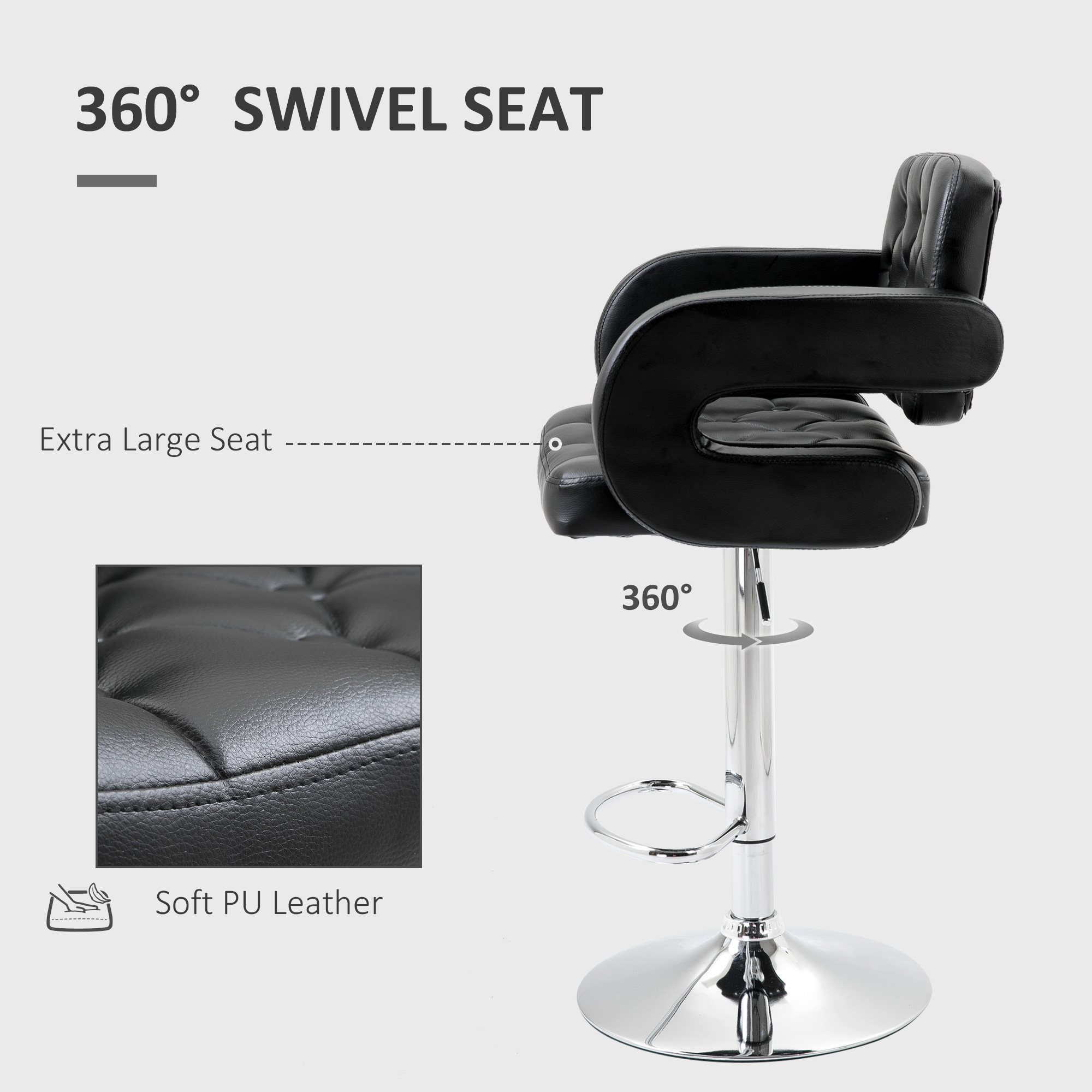 HOMCOM PU Leather Upholstered Swivel Bar Stool, Height Adjustable with Back, Armrest, Footrest, Black 5