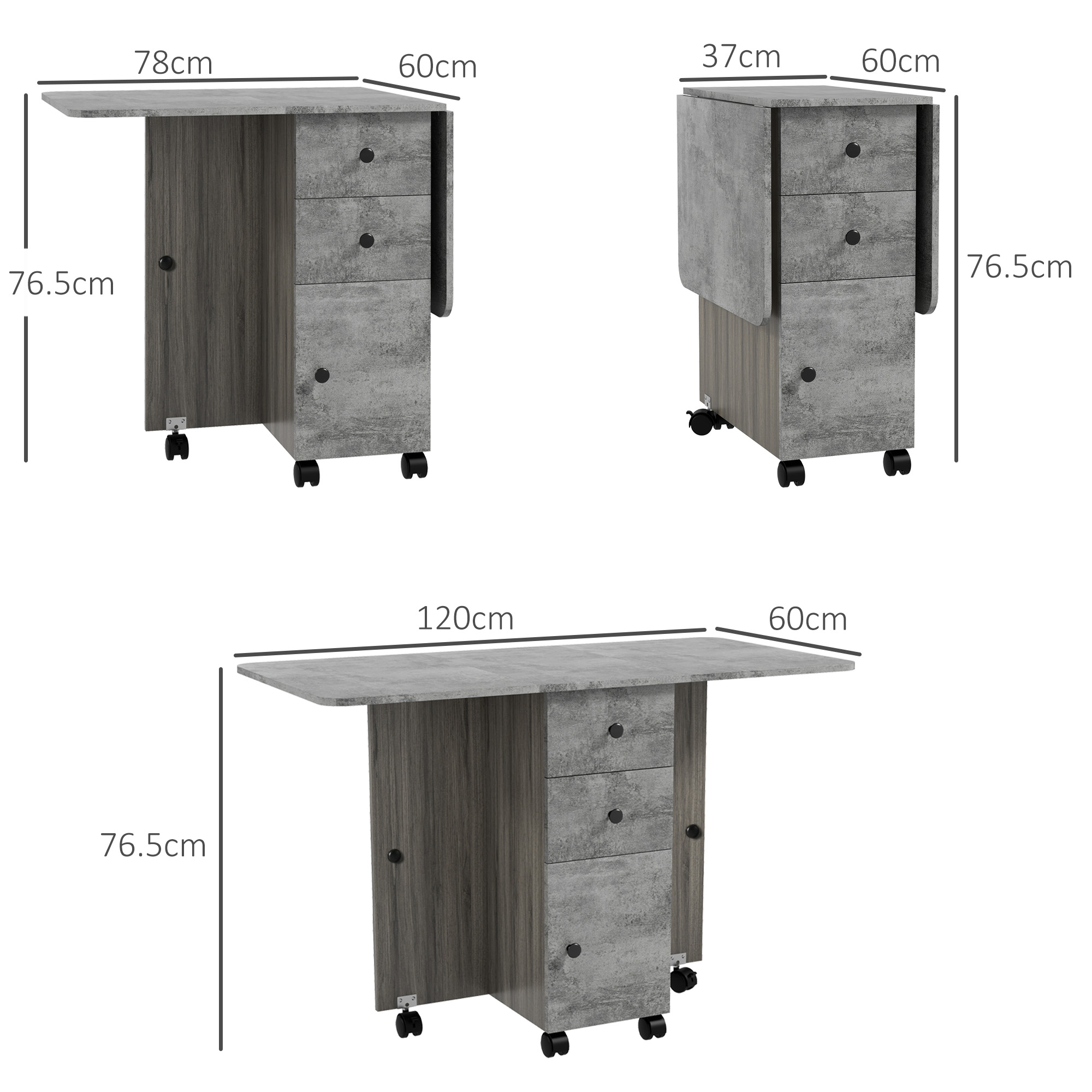 HOMCOM Multi-Storage Six-Person Drop Leaf Dining Table Mixed Grey 3
