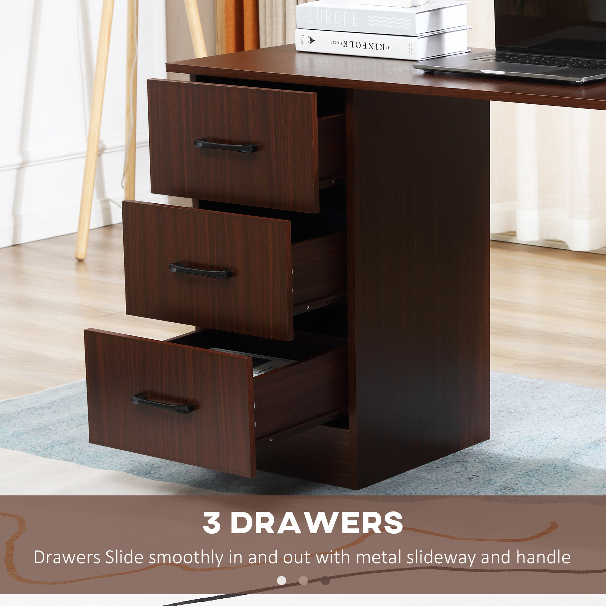 HOMCOM Computer Desk, Writing Table, PC Workstation with 3 Storage Shelves and Drawers, Black Handle, for Home Office, Walnut Brown 5