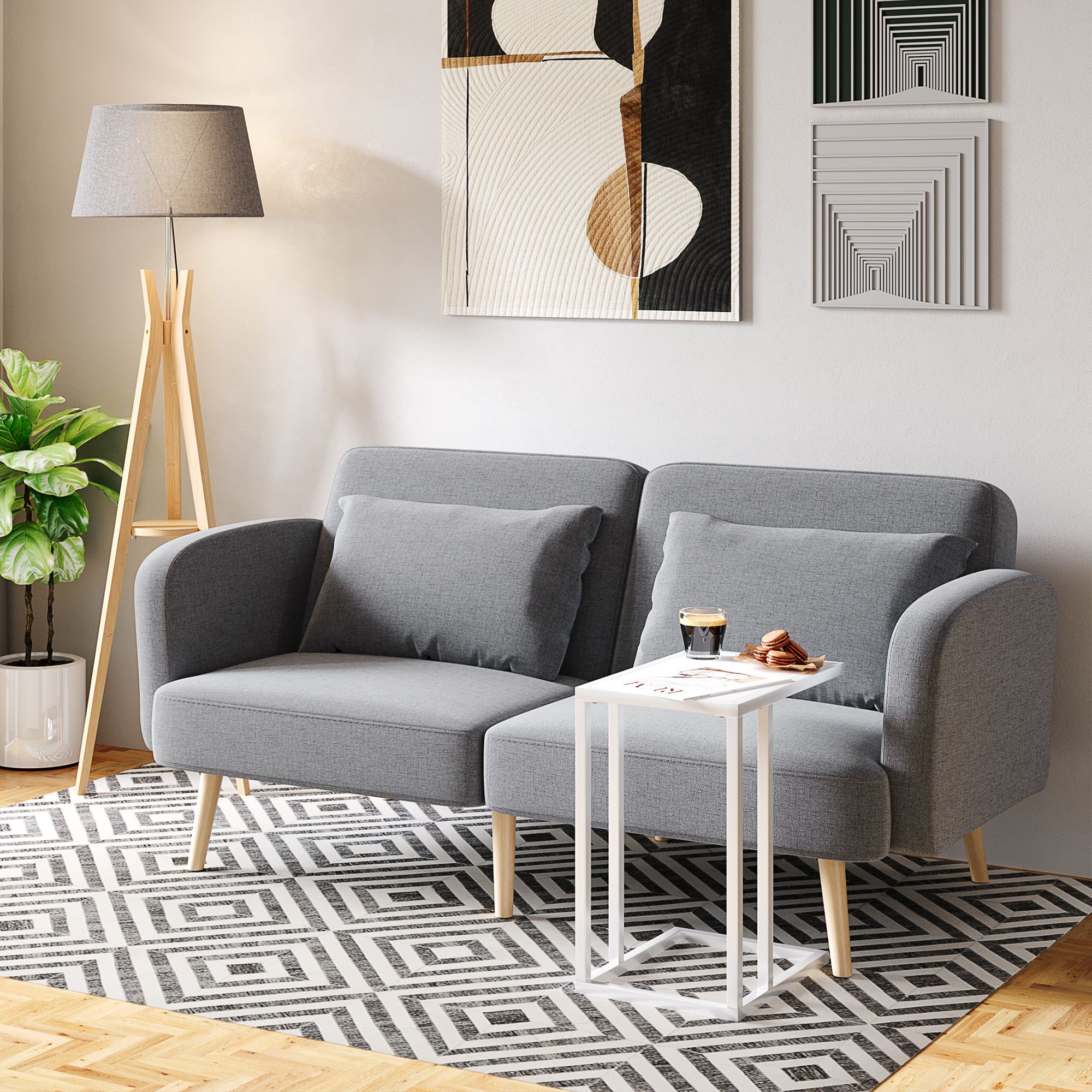 HOMCOM Natural Wood Tripod Floor Lamp Light E27 Base Bedroom Living Room Fabric Shade Storage Shelf Foot Switch, 156cm, Grey 9