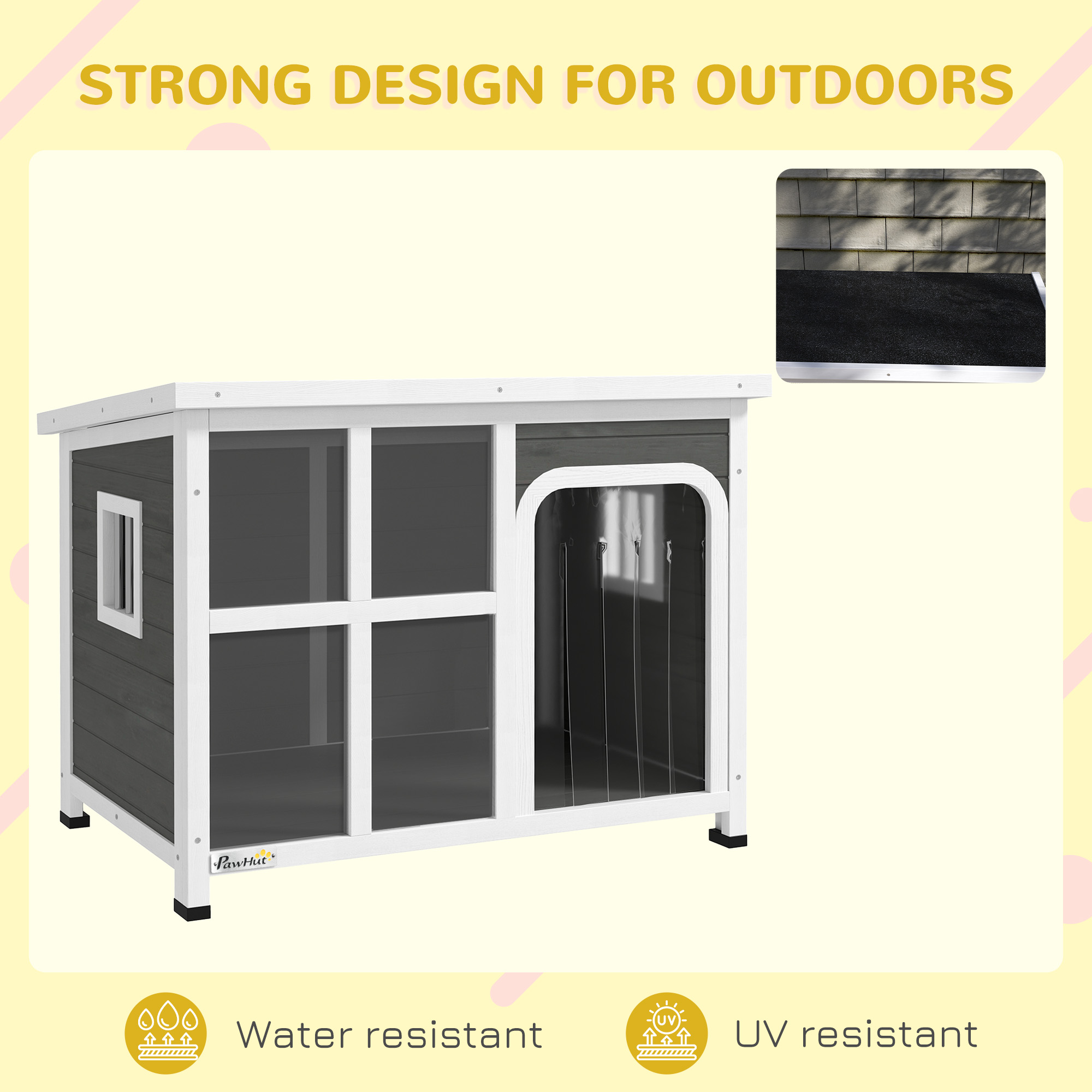 PawHut Wooden Outdoor Dog House with Asphalt Openable Top, Removable Floor, Clear Front Panel, Curtain, Light Grey 5