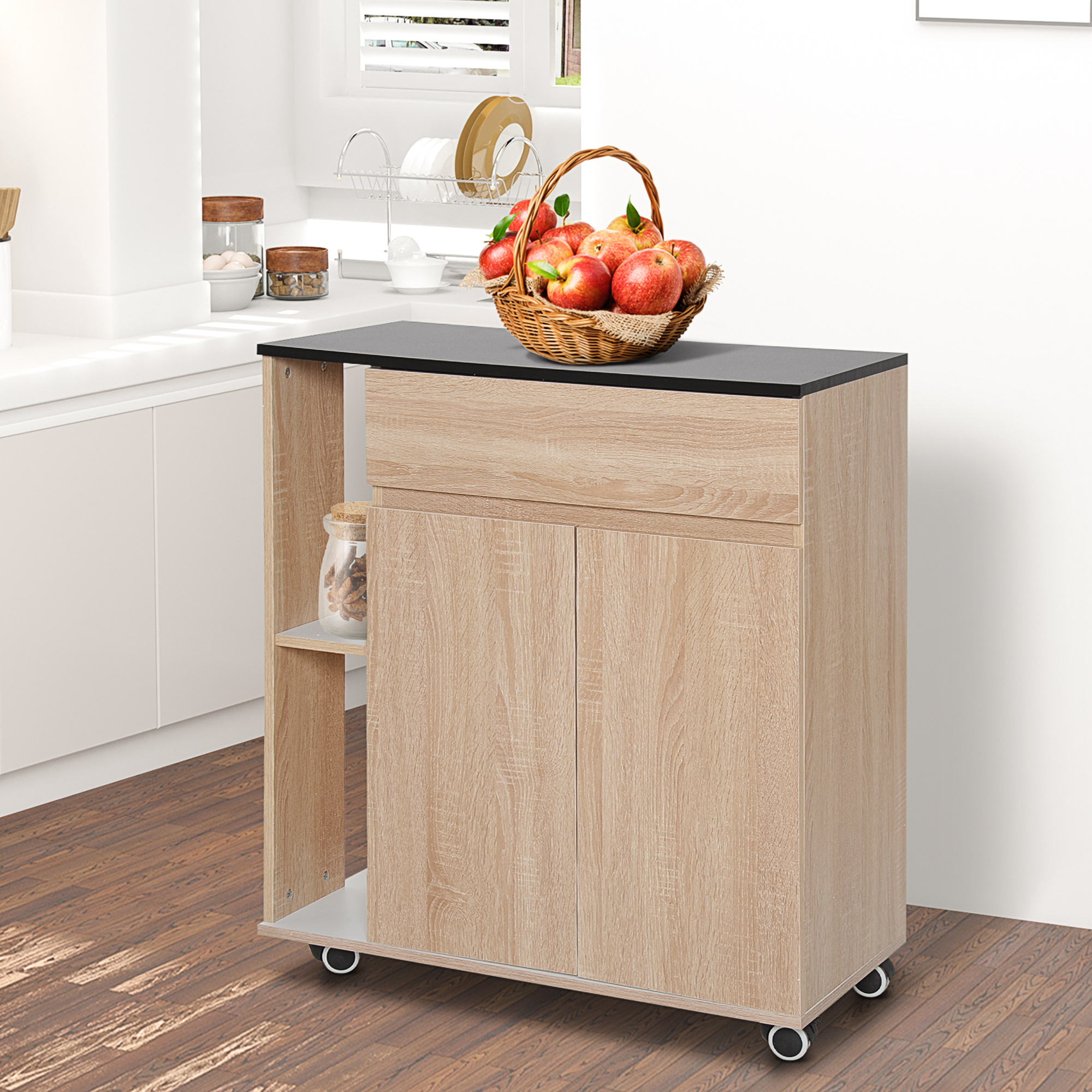 HOMCOM Kitchen Storage Trolley Cart Cupboard Rolling Island Shelves Cabinet With Door and Drawer Locking Wheels 7