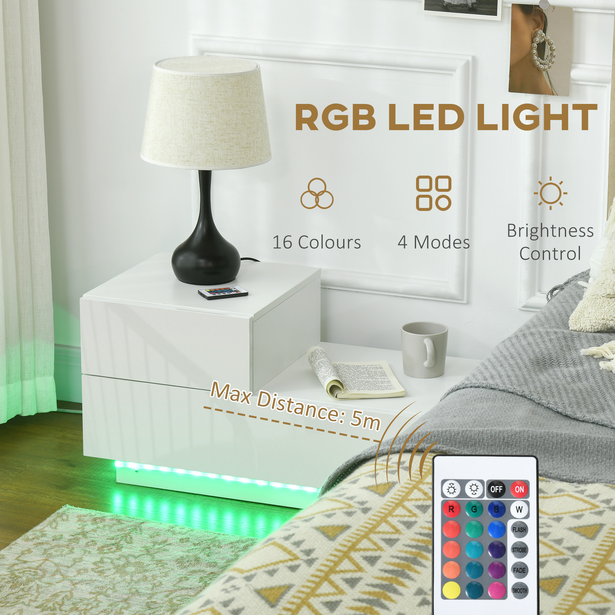 HOMCOM High Gloss Front Bedside Table with Drawers Nightstand with RGB LED Light and Remote for Bedroom Living Room White 4