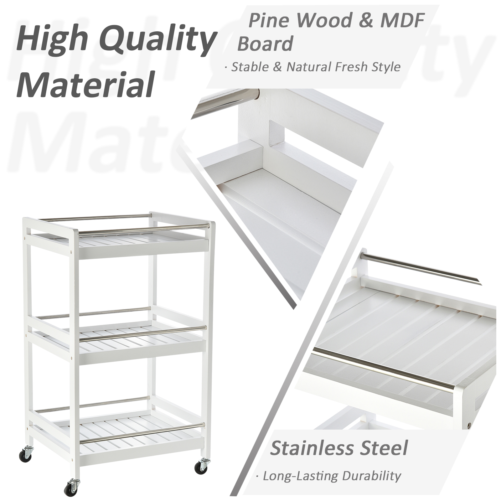HOMCOM 3-Tier Home Trolley Kitchen Storage Cart w/ Steel Bars 4 Universal Wheels Rolling Unit Organiser Living Room White 4