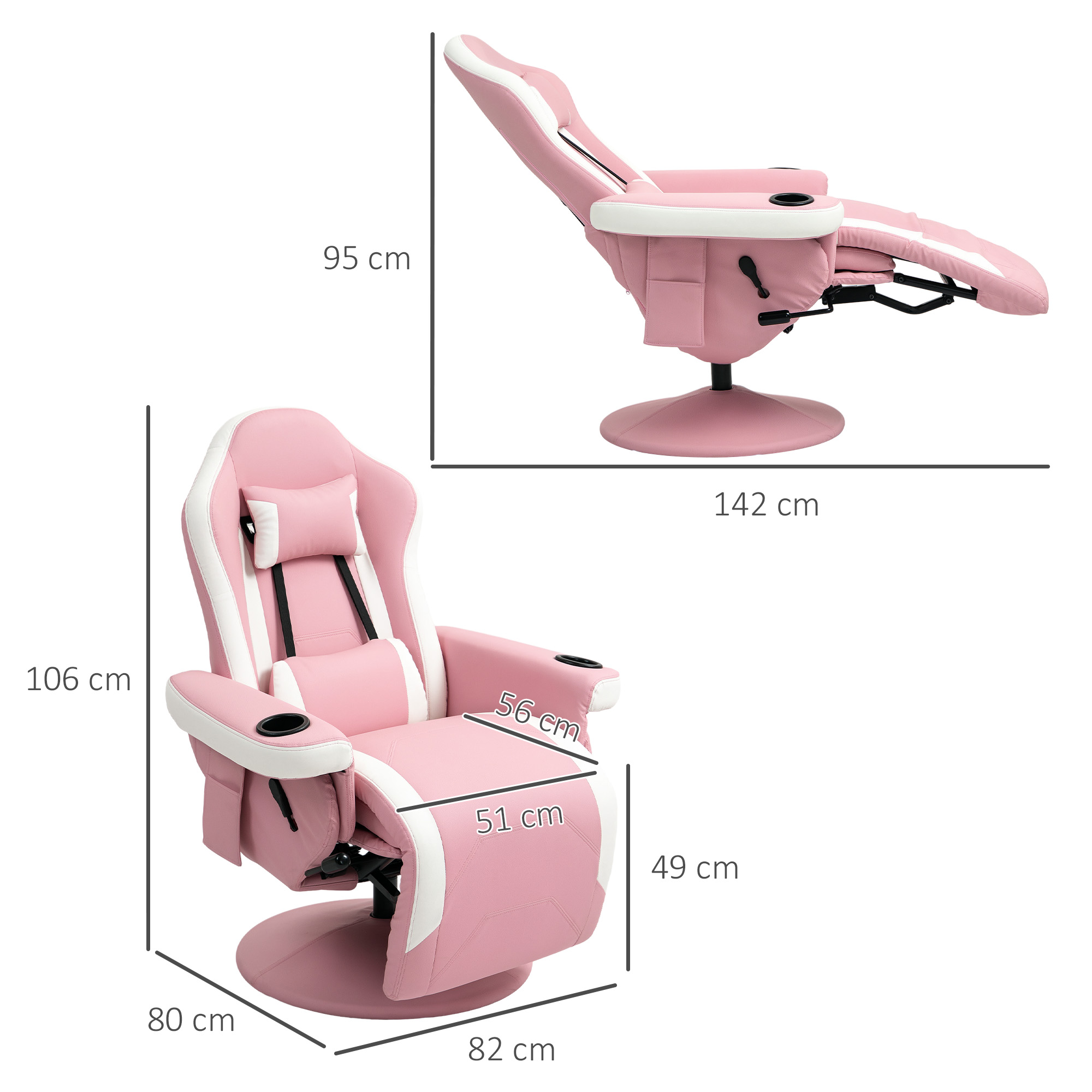 HOMCOM Manual Recliner Armchair PU Leather Lounge Chair w Adjustable Leg Rest, 135° Reclining Function, 360° Swivel, Pink 3