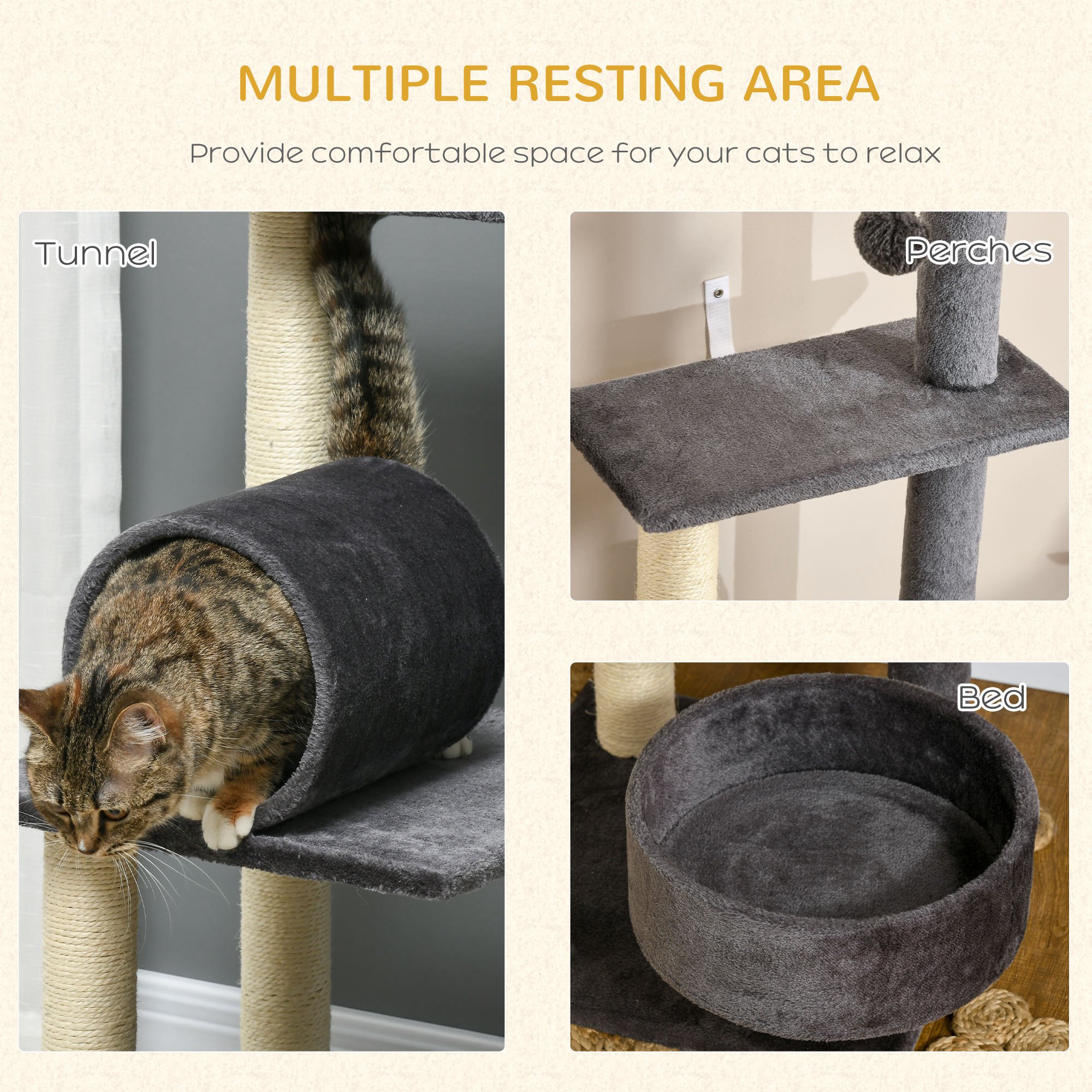 PawHut 121cm Cat Tree Tower for Indoor Cats Kitten Activity Centre Scratching Post with Bed Tunnel Perch Interactive Ball Toy Grey 4