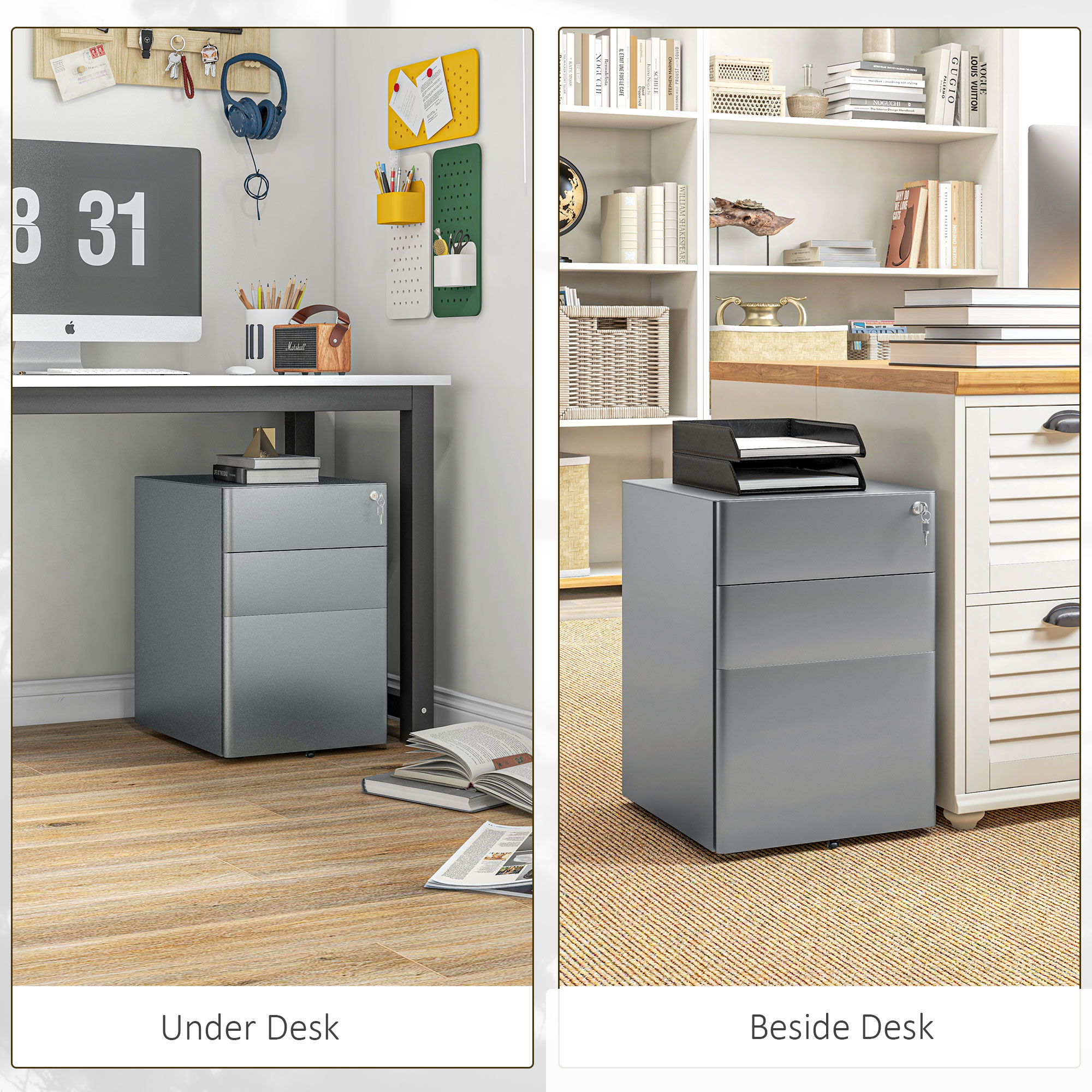 Vinsetto Lockable Cabinet, Rolling Filing Cabinet with 3 Drawers, Steel Office Drawer Unit for A4, Letter, Legal Sized Files 5