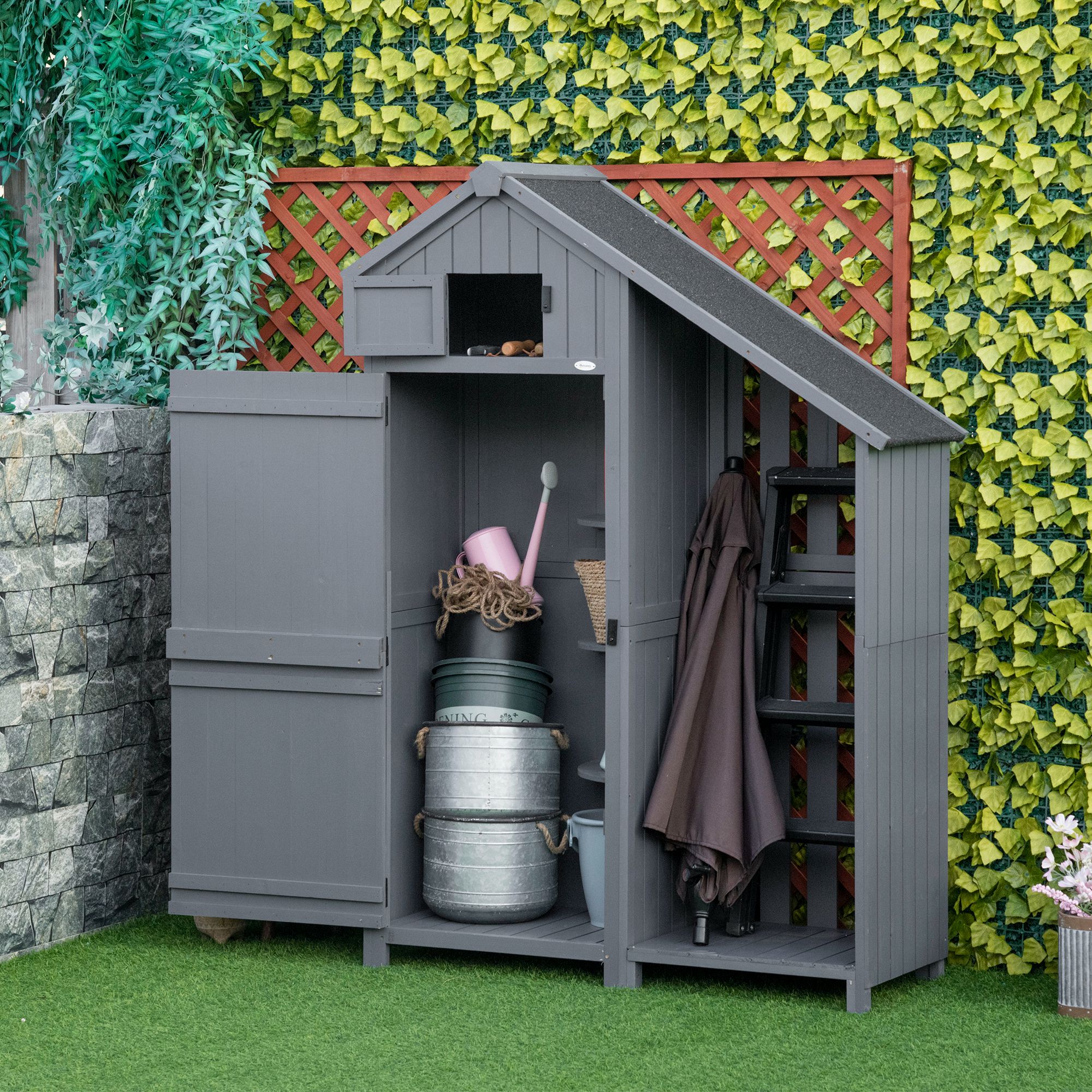 Outsunny Garden Outdoor Storage Shed Outdoor Tool Shed with 3 Shelves and Tilt Roof, 129x51.5x180cm, Grey 2