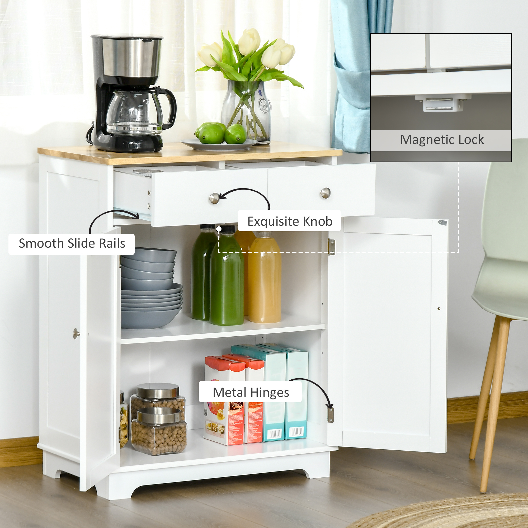 HOMCOM Kitchen Floor Cabinet Side Storage Cupboard Multi-use Sideboard Table with Solid Wood Top, Adjustable Shelf,Drawer for Dining Room, Living Room,Hallway 7