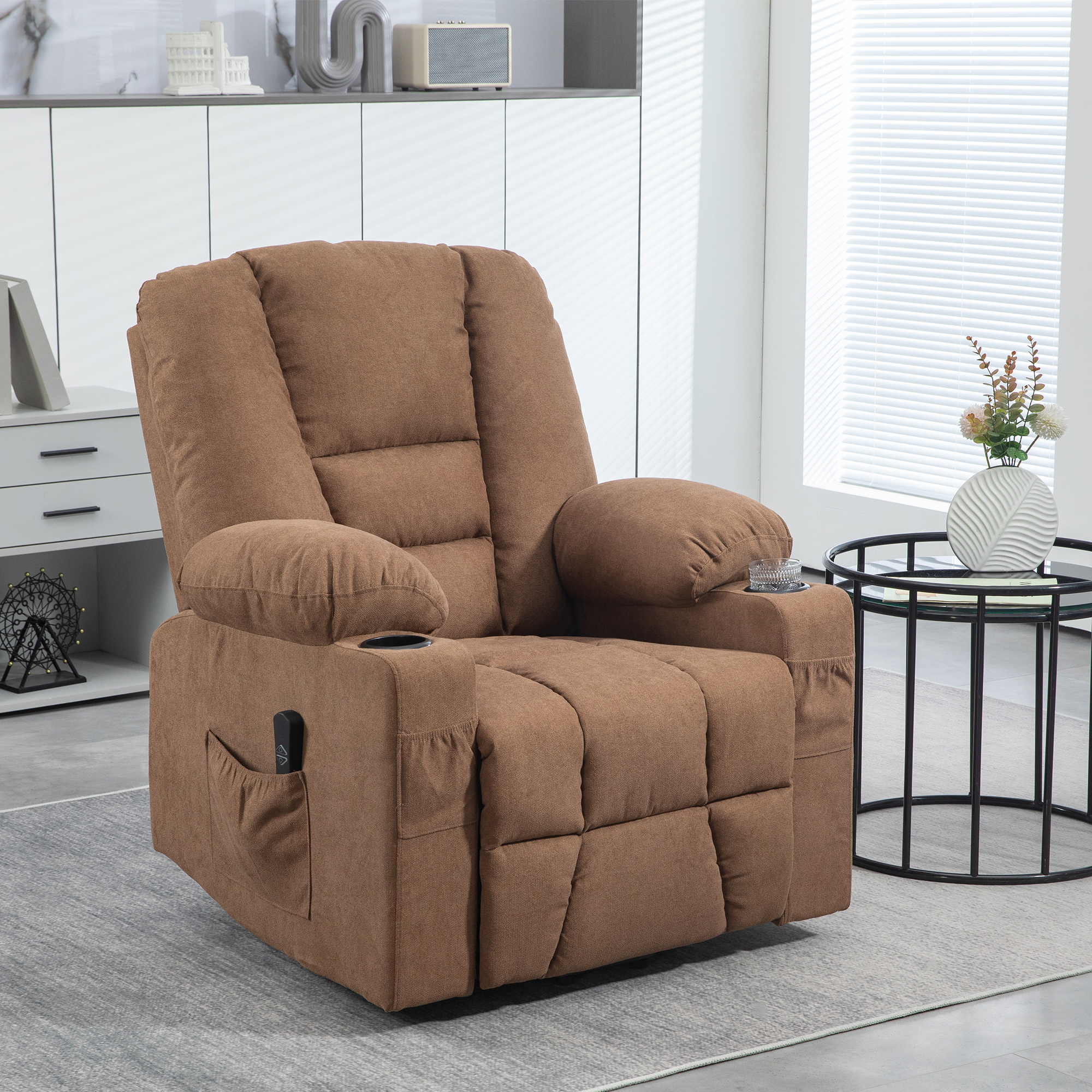 HOMCOM Oversized Riser and Recliner Chairs for the Elderly, Fabric Upholstered Lift Chair for Living Room with Remote Control, Side Pockets, Cup Holder, Brown 2