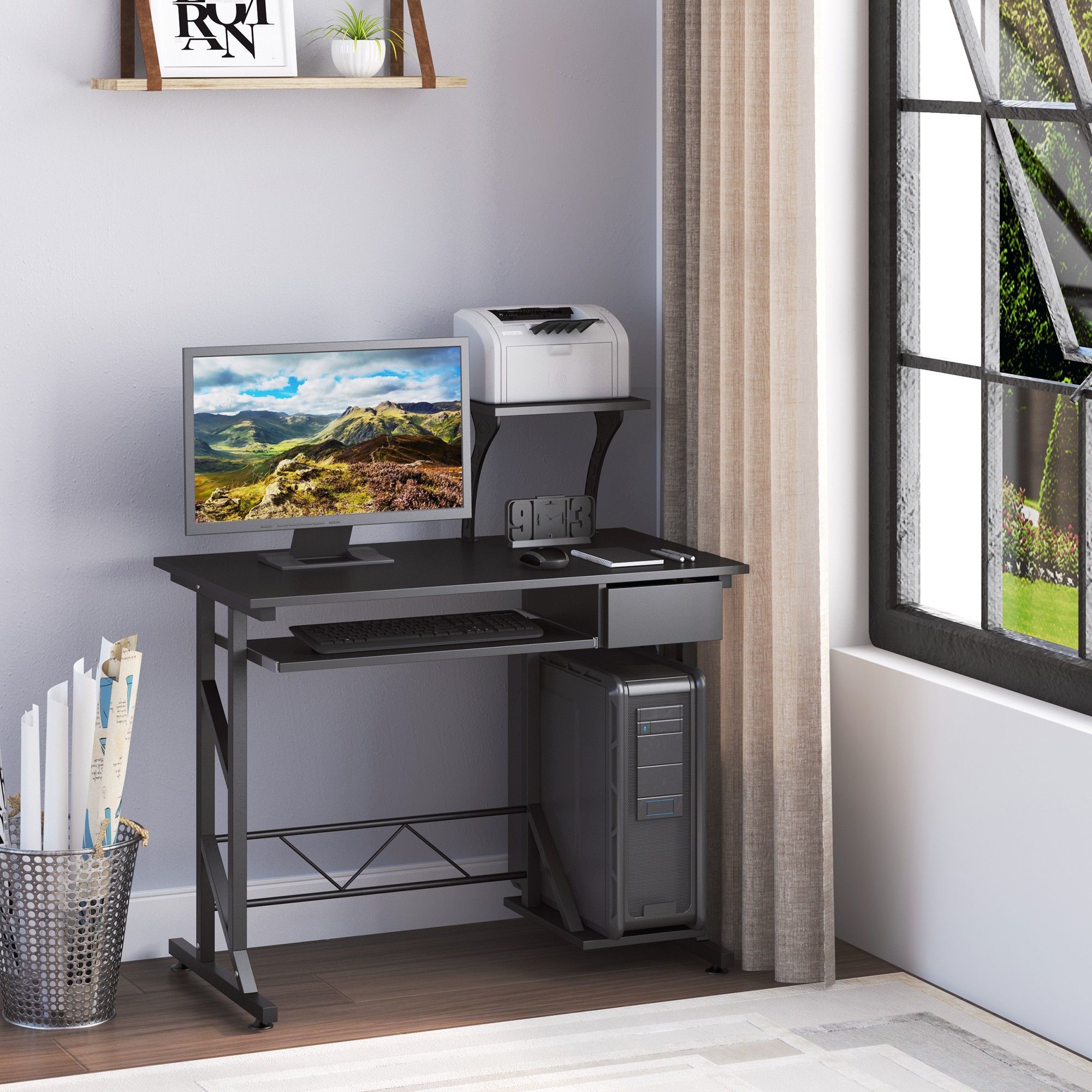 HOMCOM Computer Desk with Display Stand, Sliding Keyboard Tray Drawer and Host Box Shelf Home Office Workstation Black 2