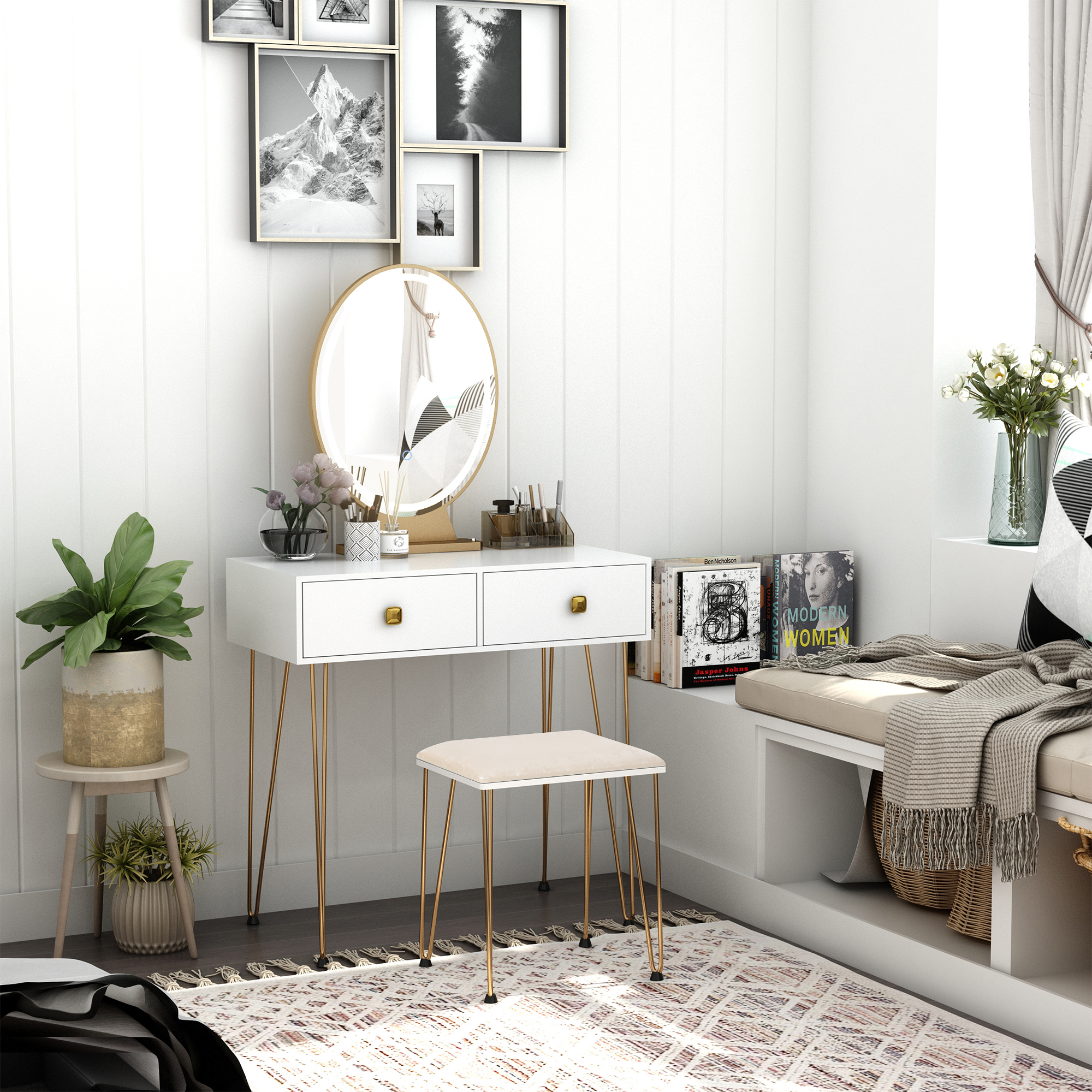 Coiffeuse Avec Miroir LED Et 5 Tiroirs - Table De Maquillage Blanc, Prise USB, 40x80x135 Cm