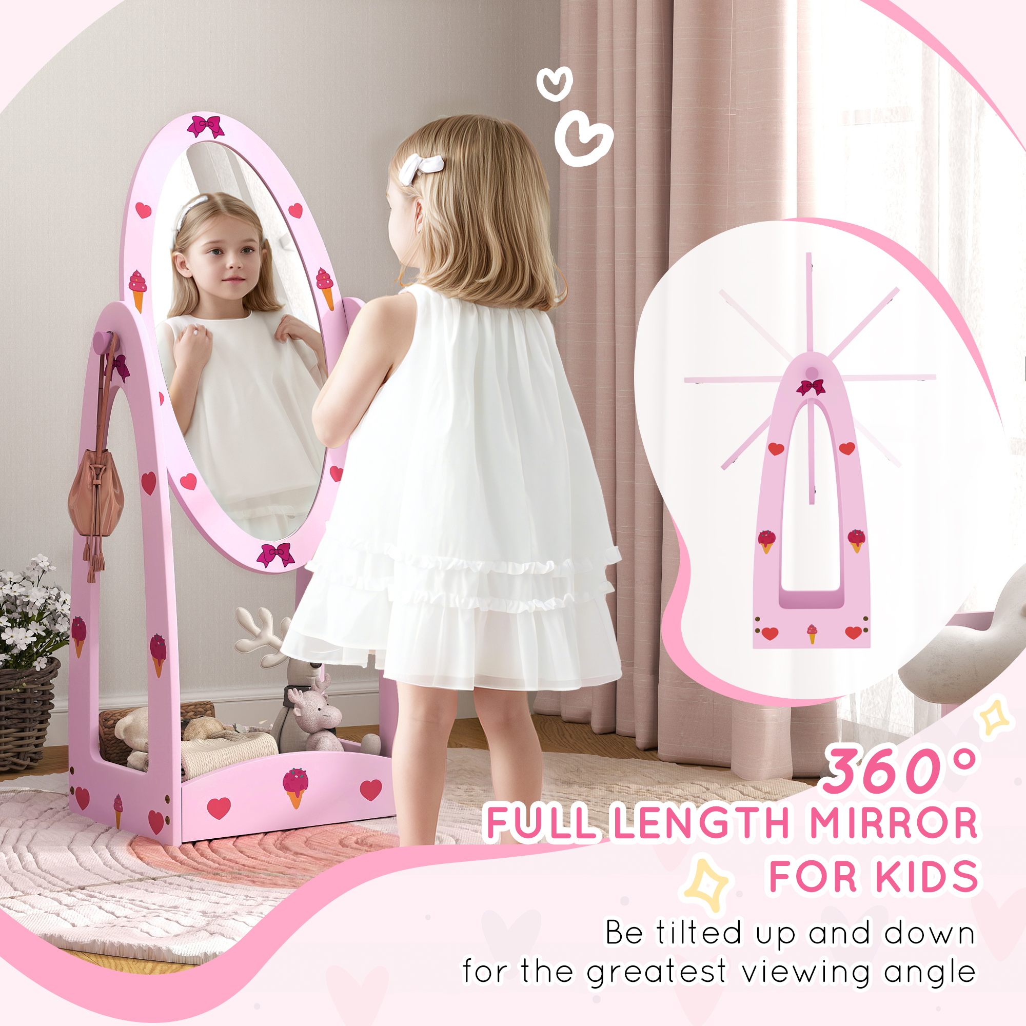 AIYAPLAY Kids Full Length Mirror, 360° Rotating Children Standing Mirror with Storage Shelf, Pink 4