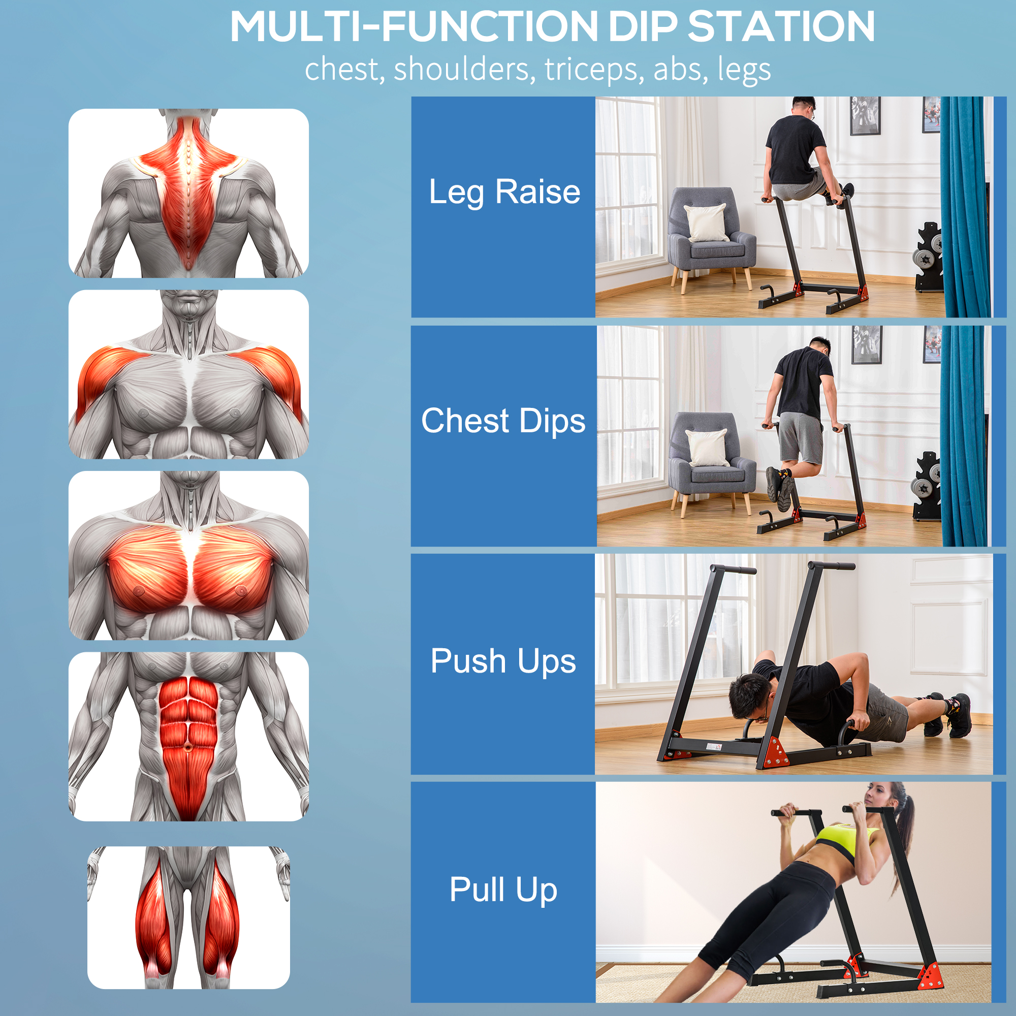 HOMCOM Dip Stand Station Heavy Duty Upper Body Workout Equipment Angled Grip for Triceps dips Pull Ups Push Ups for Home Gym Office, Black 5