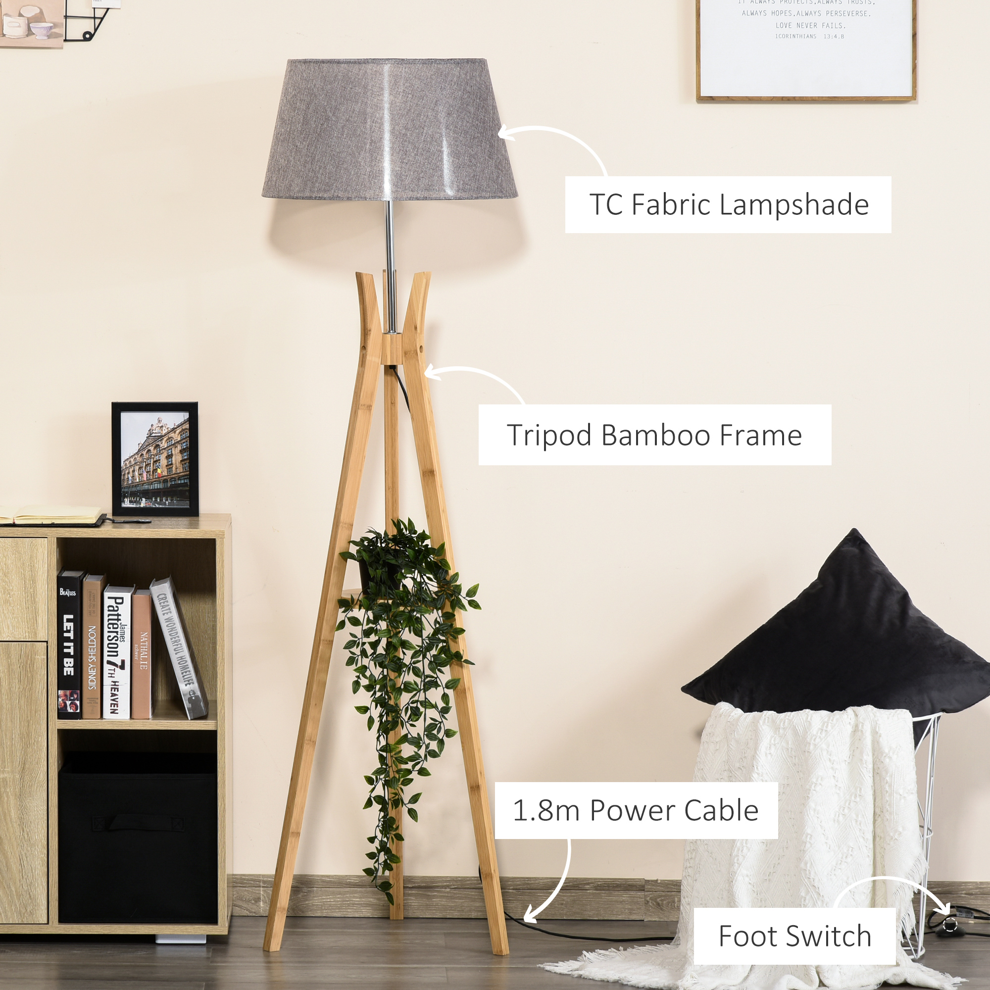 HOMCOM Natural Wood Tripod Floor Lamp Light E27 Base Bedroom Living Room Fabric Shade Storage Shelf Foot Switch, 156cm, Grey 5