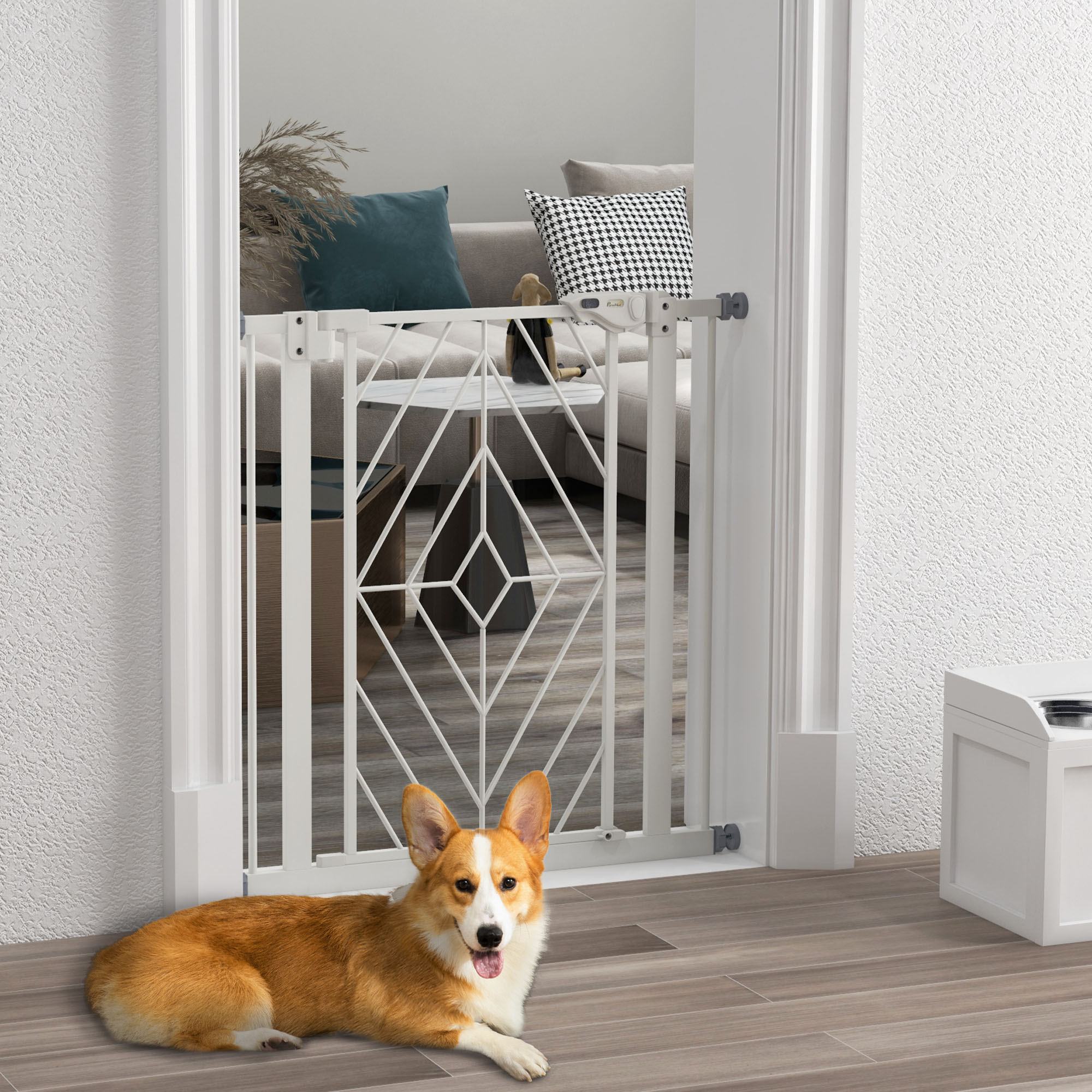 PawHut Pressure Fit Stair Dog Gate w/ Small Cat Door, Automatic Closing Door, Double Locking, for 74-100cm Openings - White