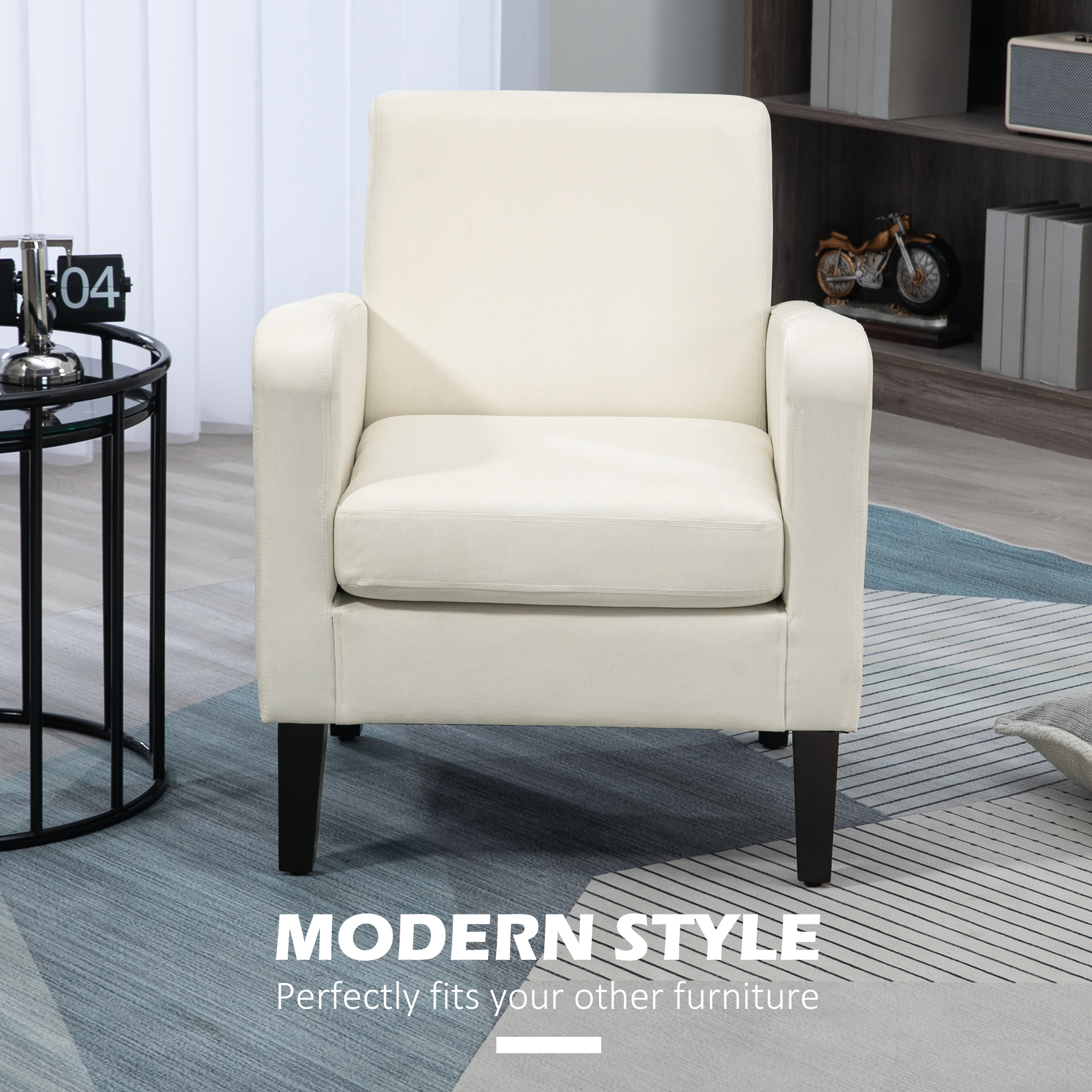 HOMCOM 2 Pieces Modern Armchairs with Rubber Wood Legs, Upholstered Accent Chairs, Single Sofa for Living Room, Bedroom, Cream White 4