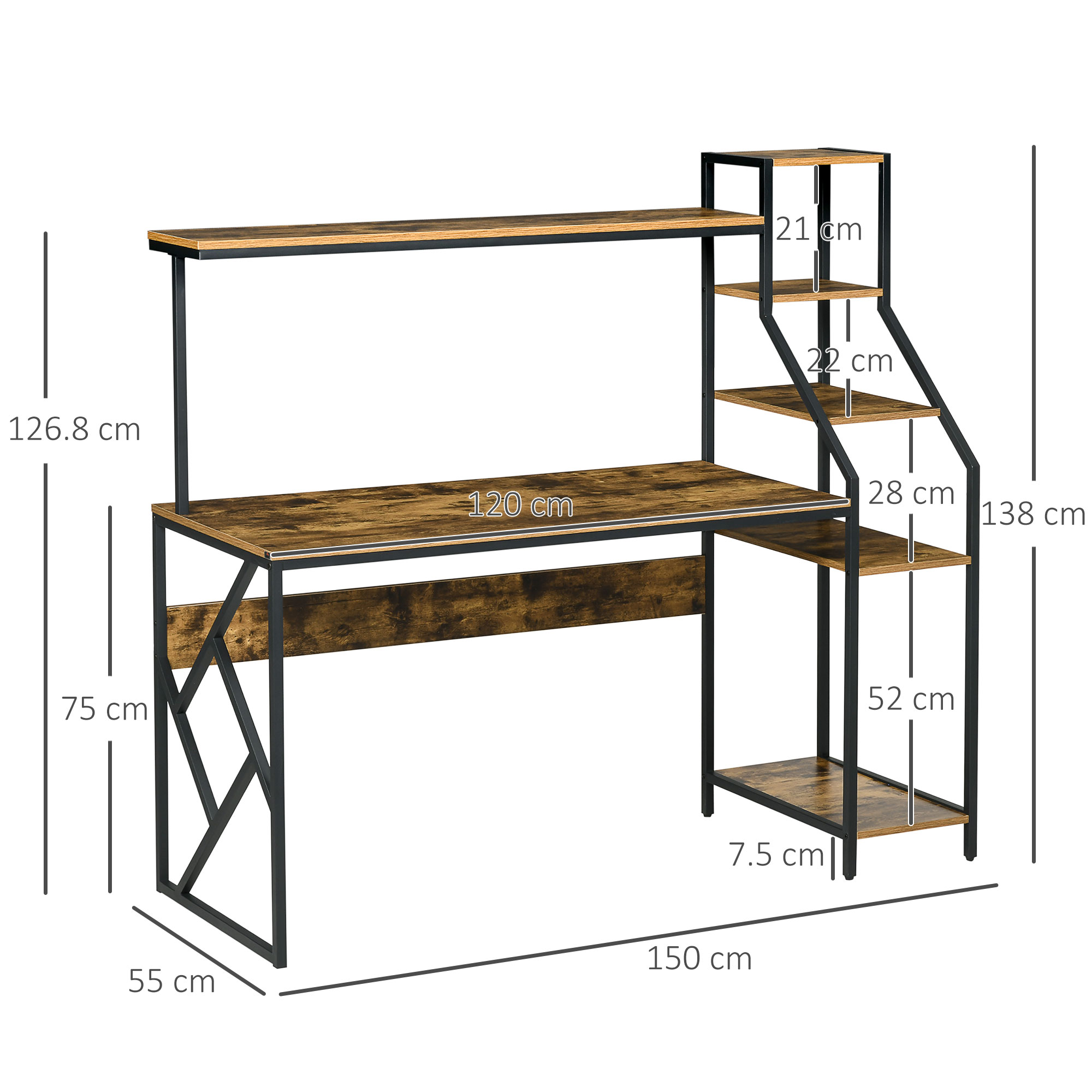 HOMCOM Computer Desk with Bookshelf, Industrial Writing Table with 6 Tier Storage Shelves for Home Office, Bedroom, Study, 150 x 55 x 138cm, Rustic Brown 3