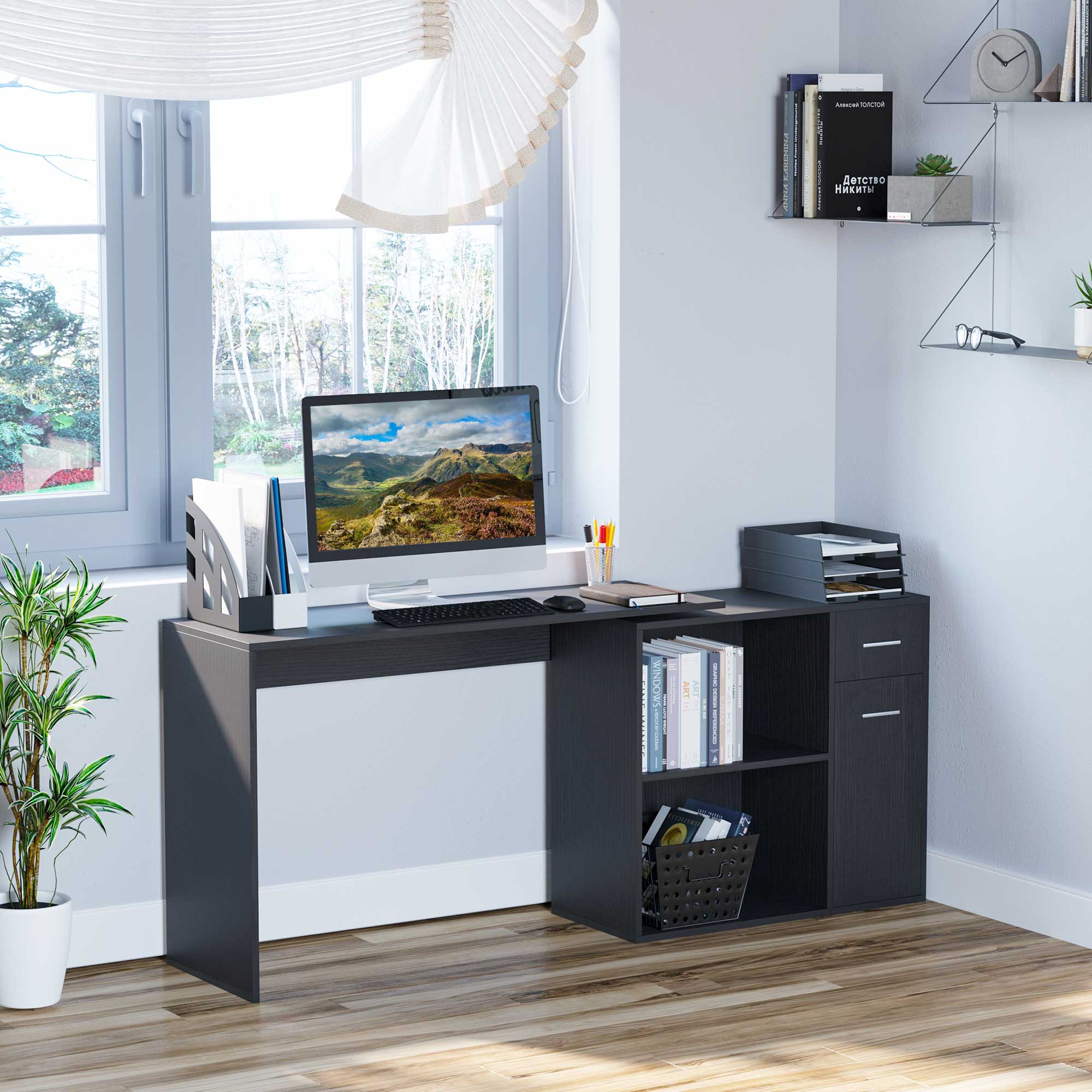 HOMCOM L-Shaped Desk, Corner Computer Desk, Adjustable Study Table with Storage Shelf, Drawer and Cabinet, Workstation for Home Office, Black Wood Grain 2