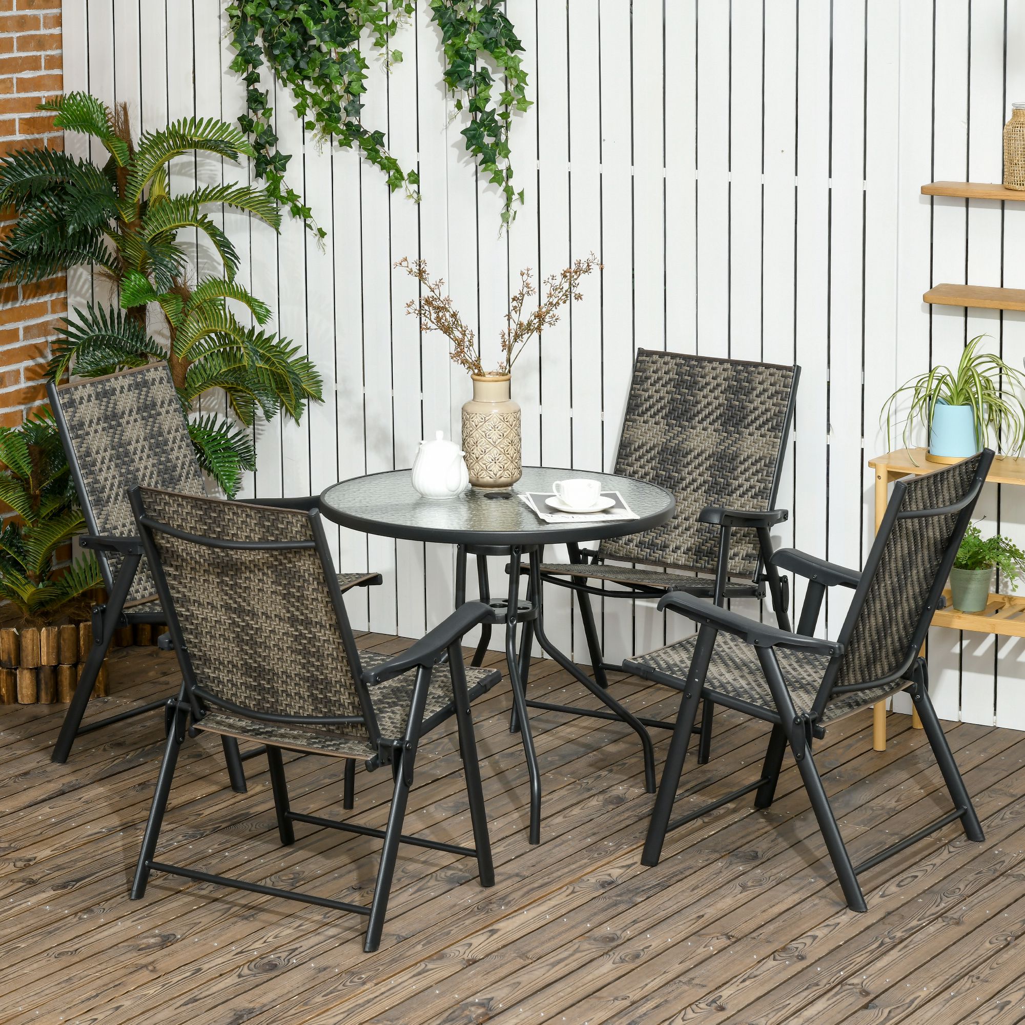 Outsunny 4 Seater Rattan Dining Set, Rattan Garden Furniture Set with Parasol Hole, Outdoor Dining Table and Chairs with 4 Armchairs, Round Glass Top Table for Patio, Balcony, Mixed Grey 2