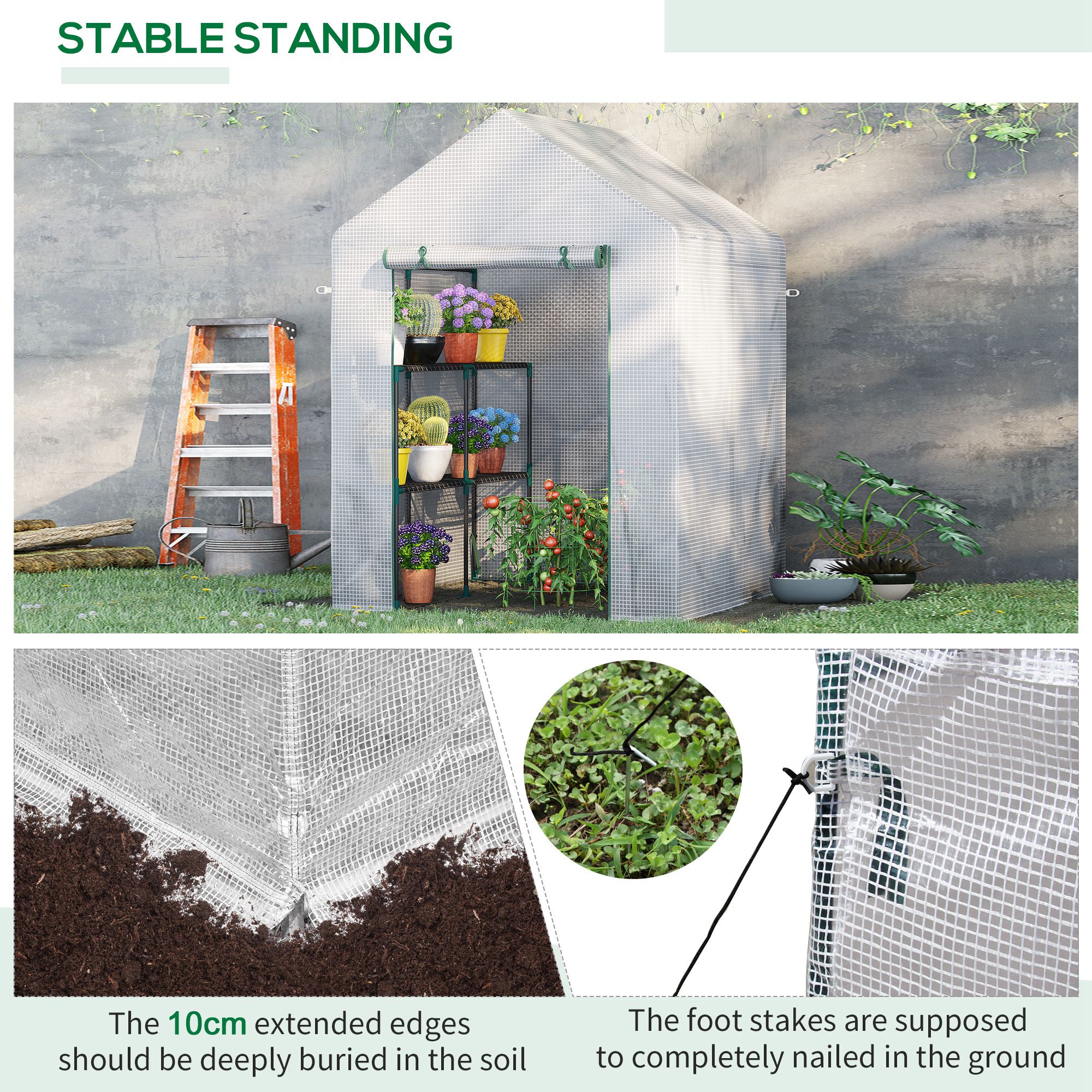 Outsunny Walk In Greenhouse with 2 Tier Shelf, Portable Gardening Plant Grow House Tomato Greenhouse with Roll up Zip Panel Door, Reinforced PE Cover, 143 x 143 x 195cm, Green 7