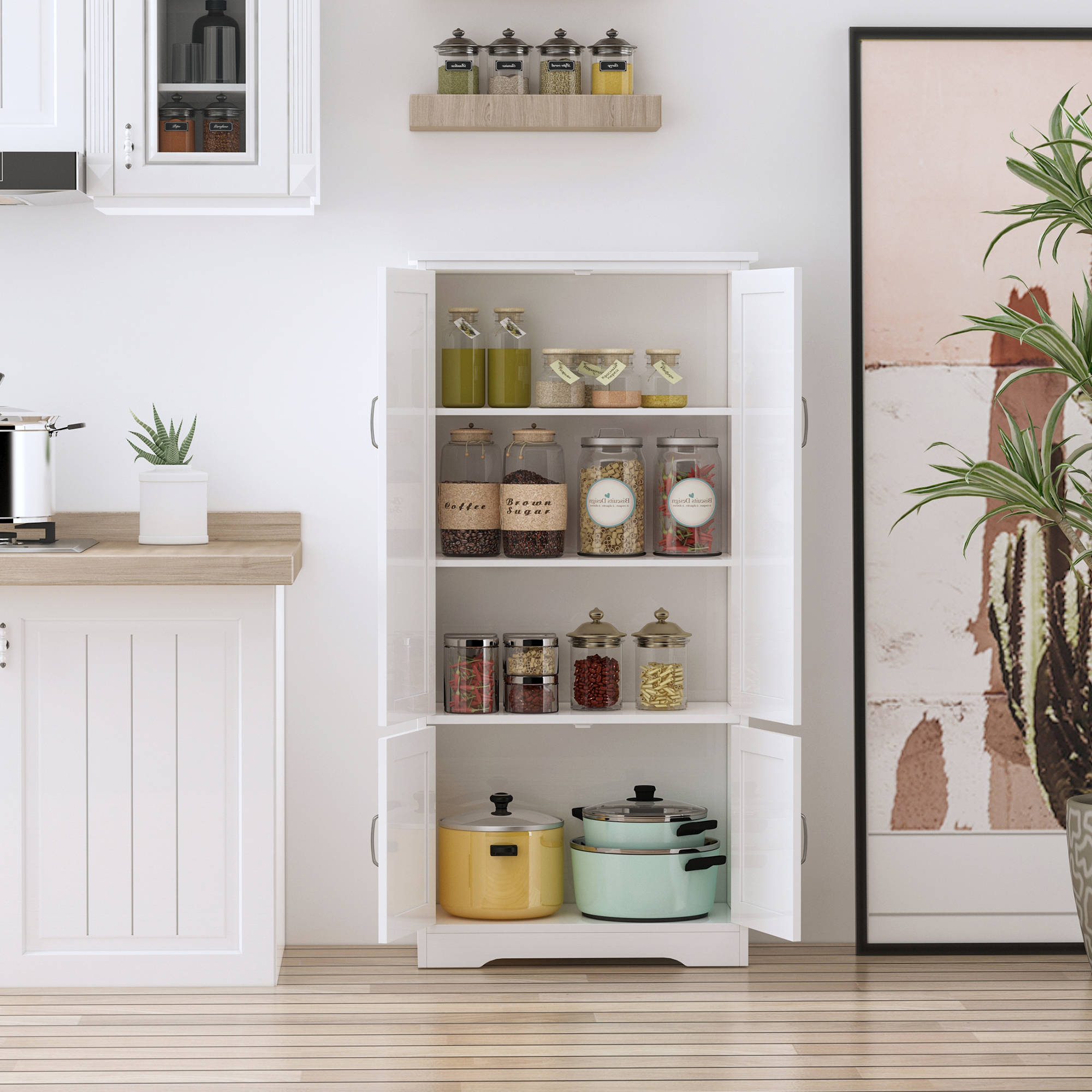 HOMCOM Accent Floor Storage Cabinet Kitchen Cupboard with Adjustable Shelves and 2 Lower Doors, White 6