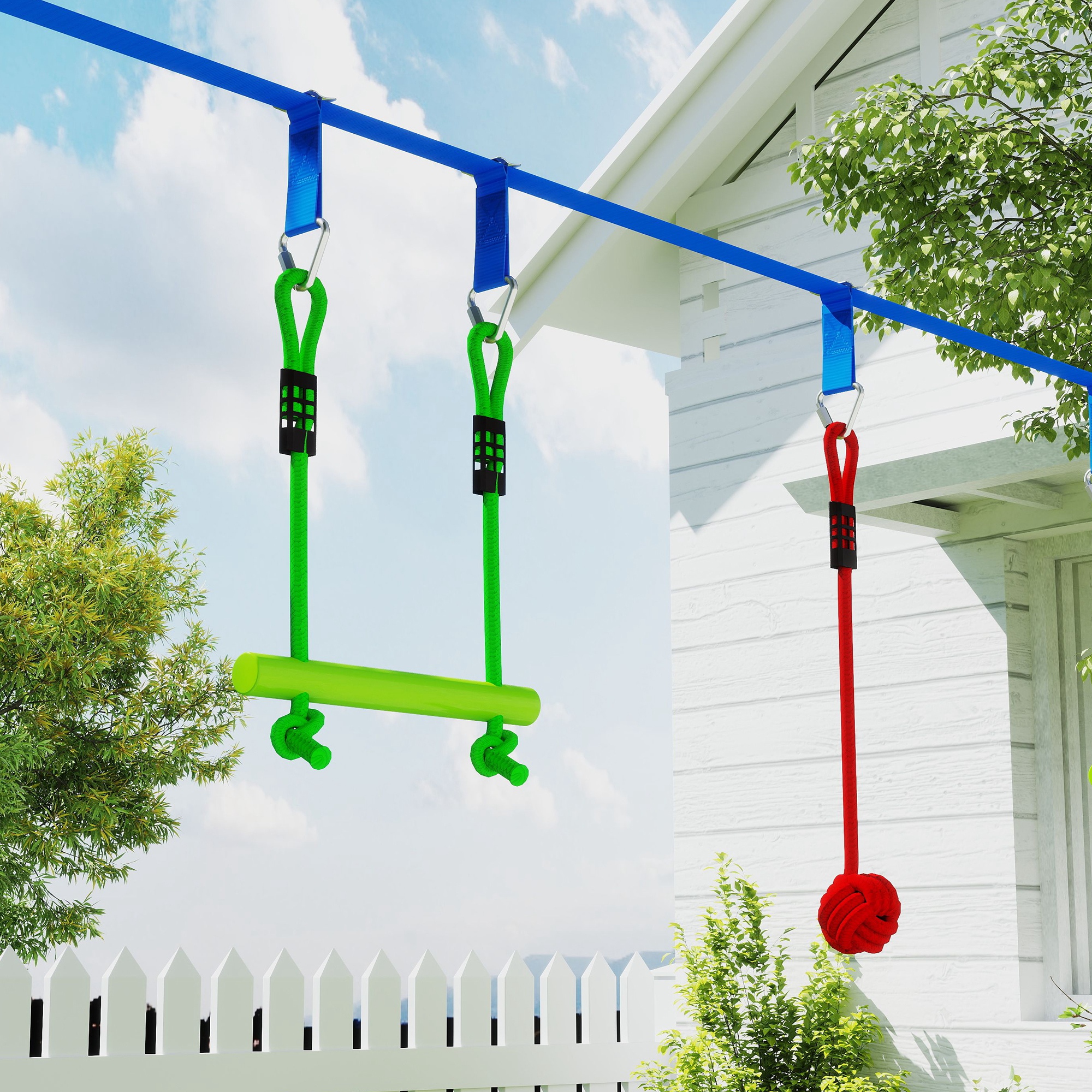 AIYAPLAY 10-Piece Zip Line Kit for Kids with 10m Slackline, Monkey Bars, Swing, Climbing Ladder, Hanging Tray, Metal Rings 8