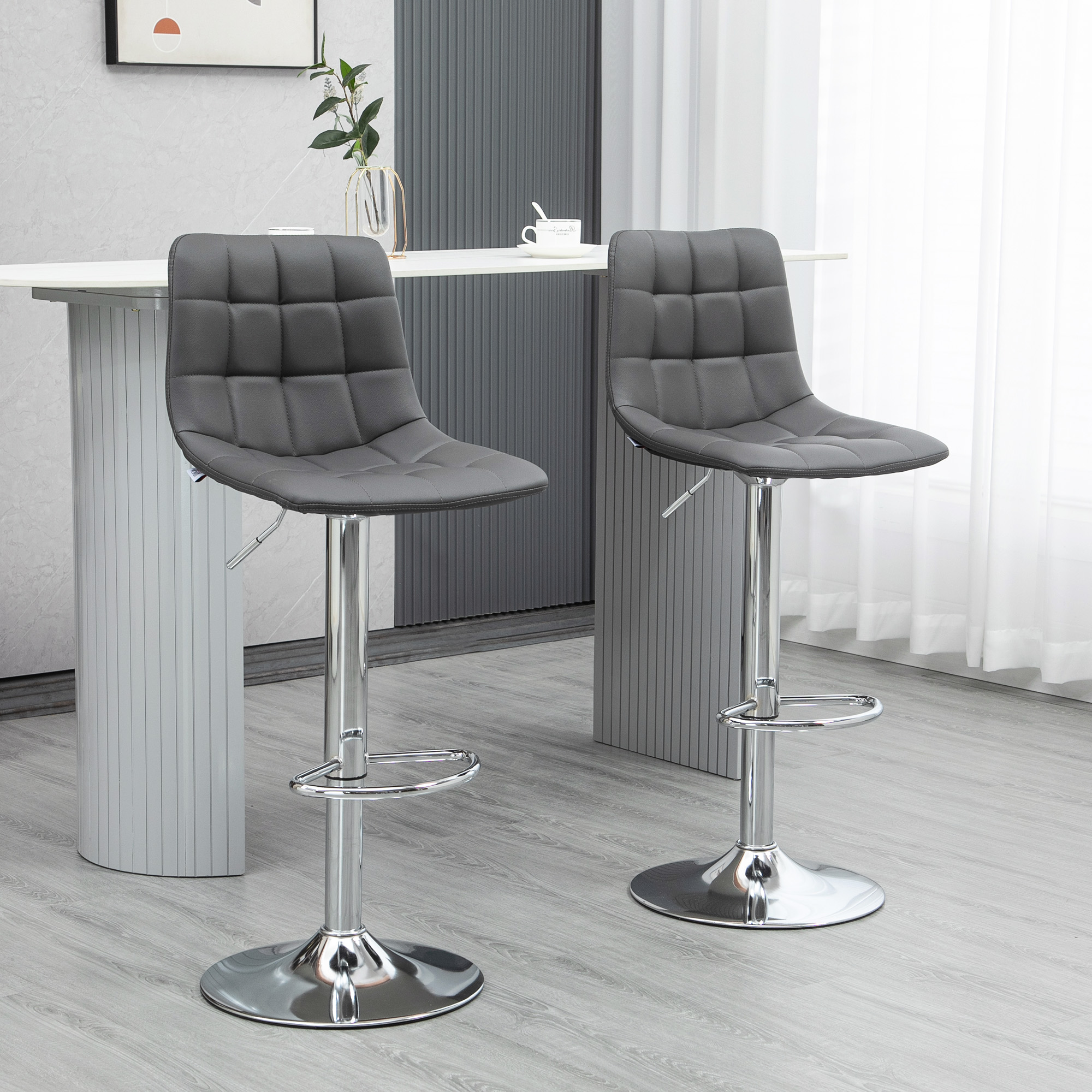 HOMCOM Adjustable Bar Stools Set of 2, Swivel PU Leather Upholstered Barstools with Tufted Seat and Back, Breakfast Bar Chairs for Kitchen Counter, Grey 2