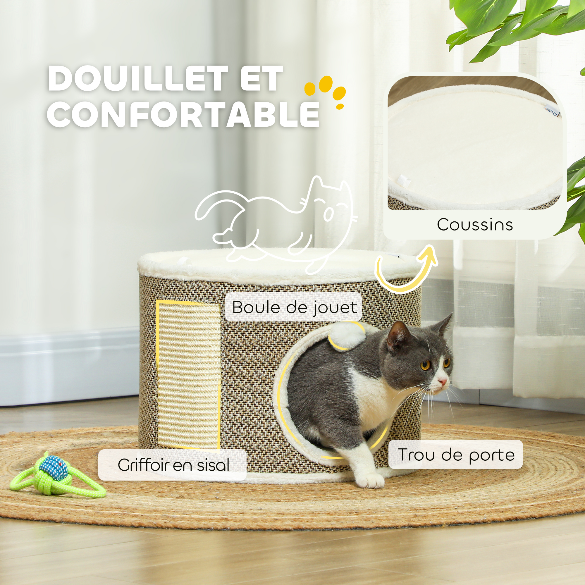 PawHut Tonneau à Gratter Pour Chat, Tour à Griffer En Sisal à 3 Niveaux