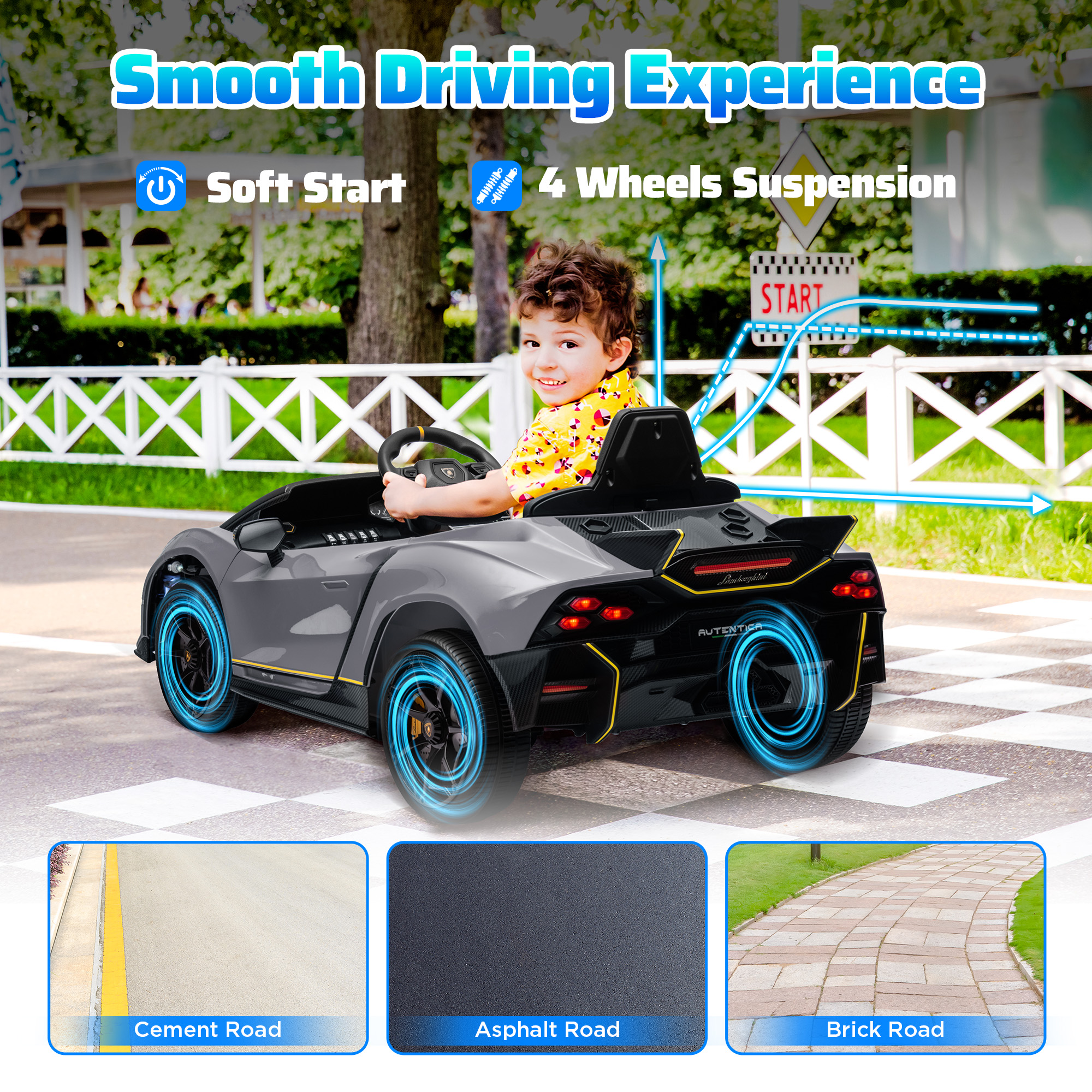 AIYAPLAY 12V Lamborghini Autentica Licensed Kids Electric Car with Remote Control, 4 Suspension Wheels, Soft Start, Grey 5