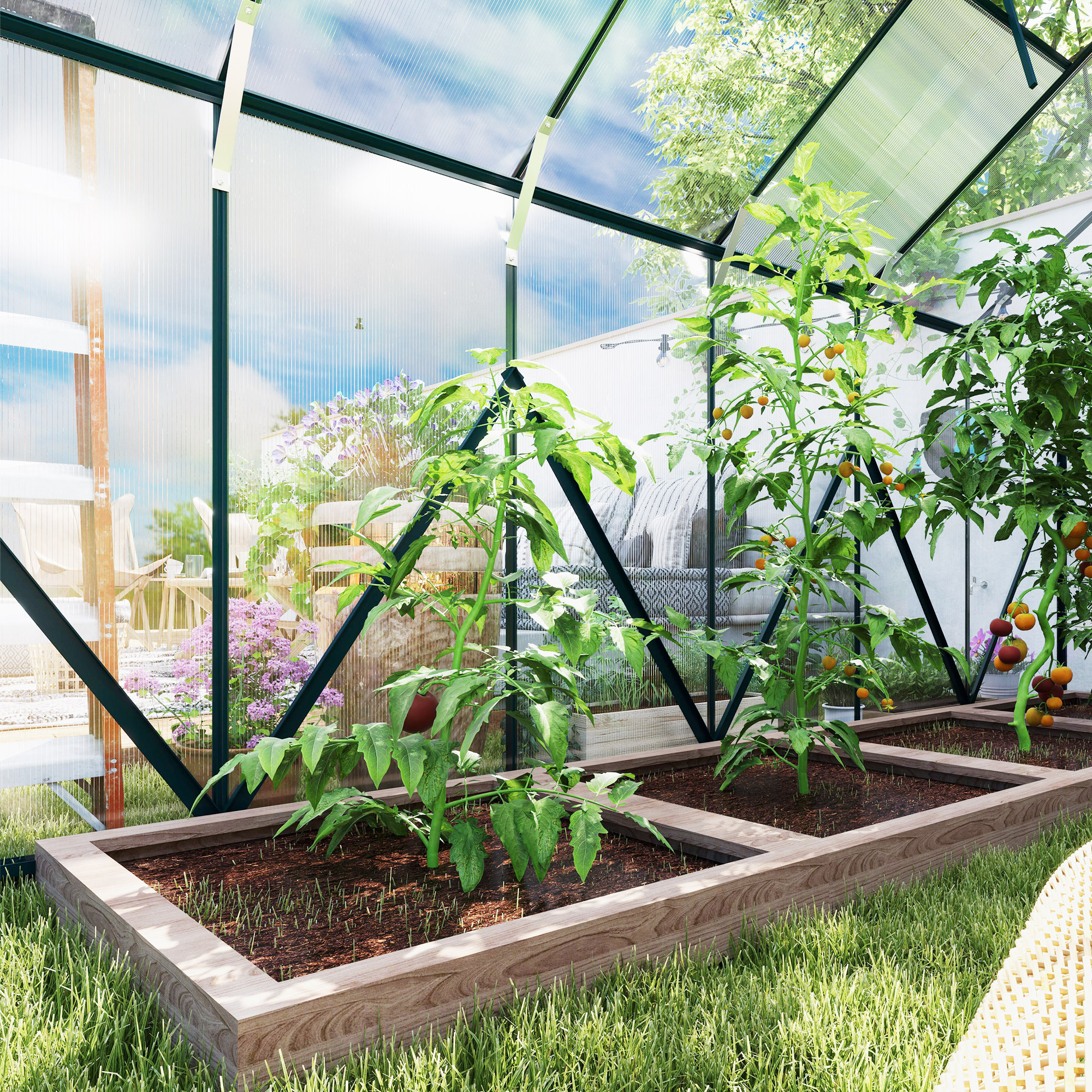 Outsunny 8 x 12ft Aluminium Greenhouse Polycarbonate Walk-in Garden Greenhouse Kit with Adjustable Roof Vent, Double Sliding Door, Rain Gutter and Foundation, Clear 9