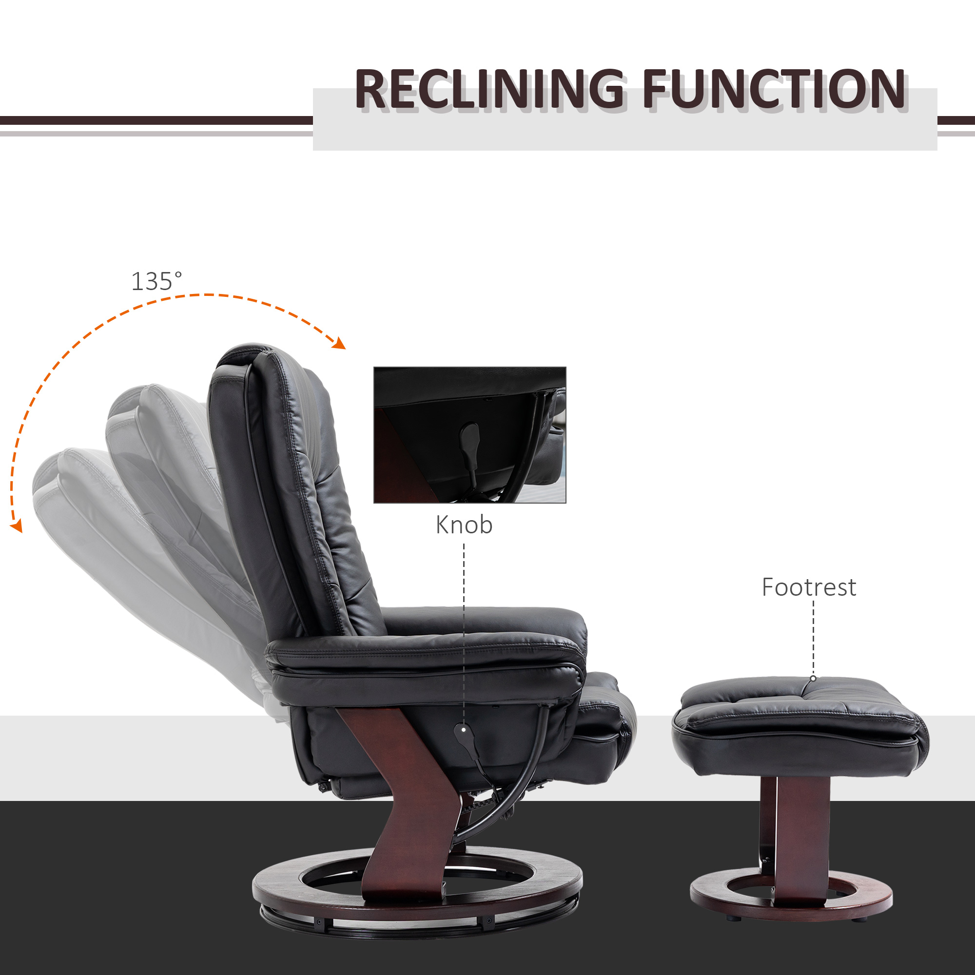 HOMCOM Recliner Chair With footstool, Recliner Armchair up to 130kg Weight Capacity, 135° Reclining Swivel Sofa Chair, PU Leather Ergonomic Couch Bed with Swivel Wood Base for Living Room, Black 4
