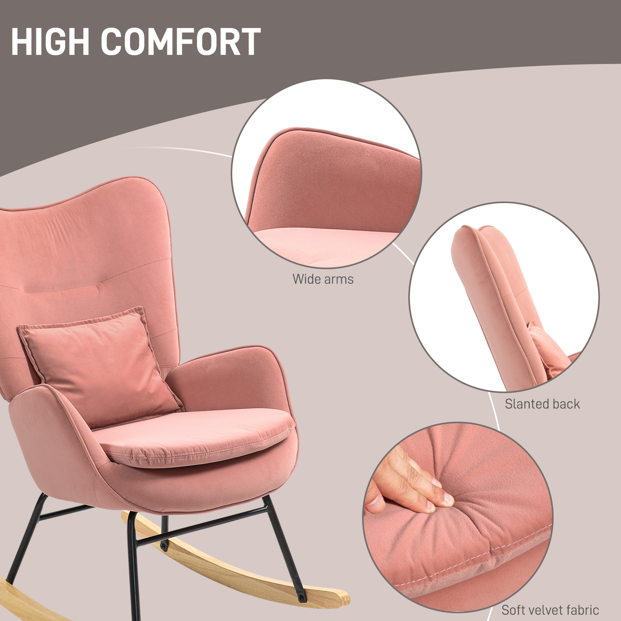 HOMCOM Velvet-Feel Rocking Armchair Pink 6
