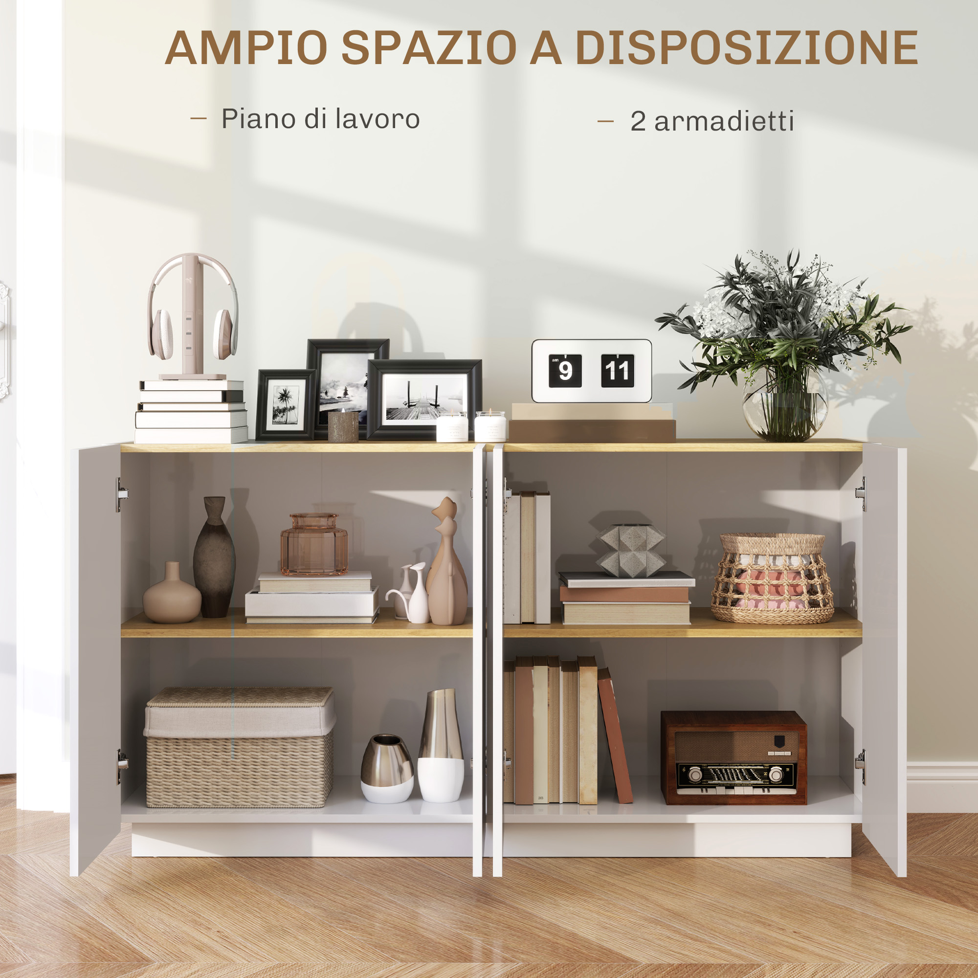 HOMCOM Credenza Moderna 4 Ante Ammortizzate E Mensole Regolabili Bianco E Oro 83192102