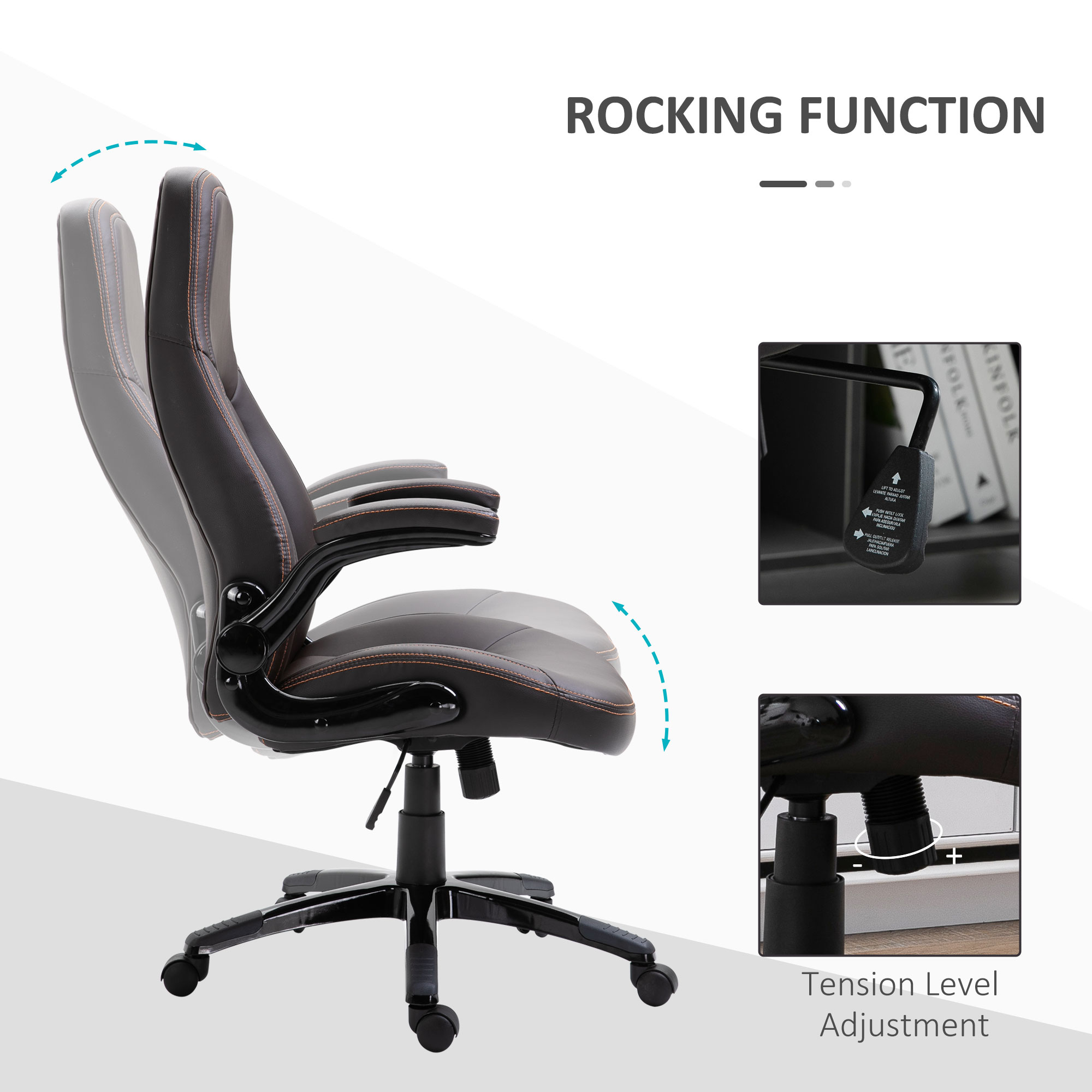 Vinsetto Computer Gaming Chair, PU Leather Office Chair, Swivel Desk Chair with Adjustable Arms and Height, Padded Armrest and Seat, Rolling Wheels, Coffee 7