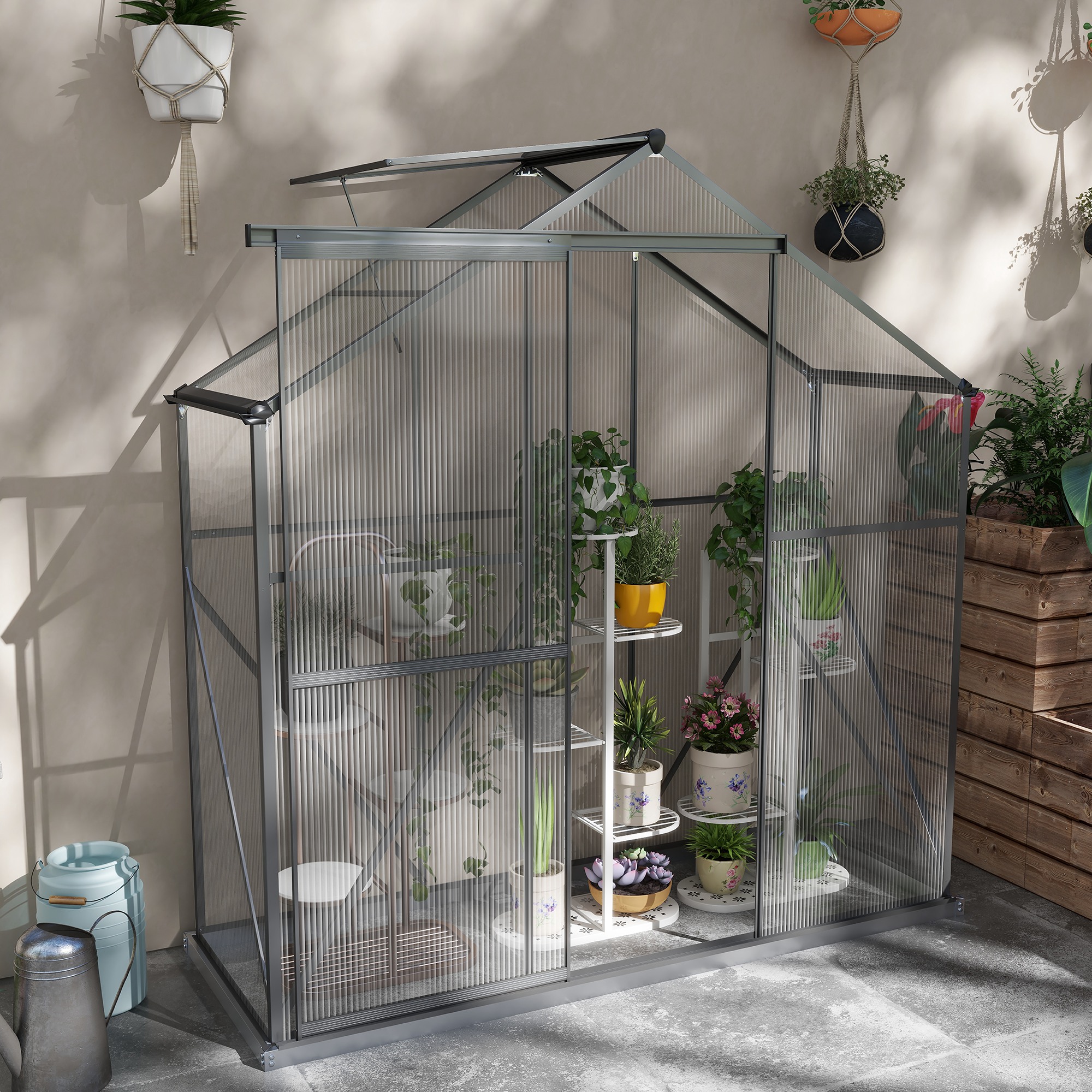Outsunny 6 x 2.5ft Polycarbonate Greenhouse Walk-In Green House with Rain Gutter, Sliding Door, Window, Foundation, Dark Grey 2