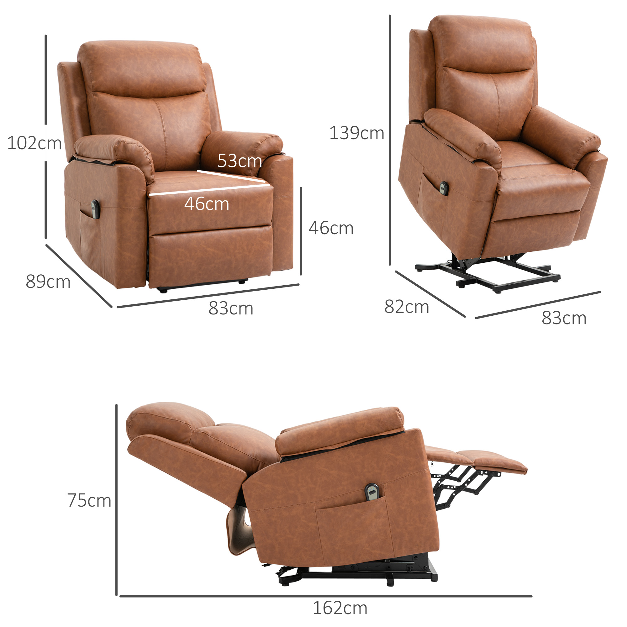HOMCOM Faux Leather 70° Electric Riser Recliner Chair Brown 3