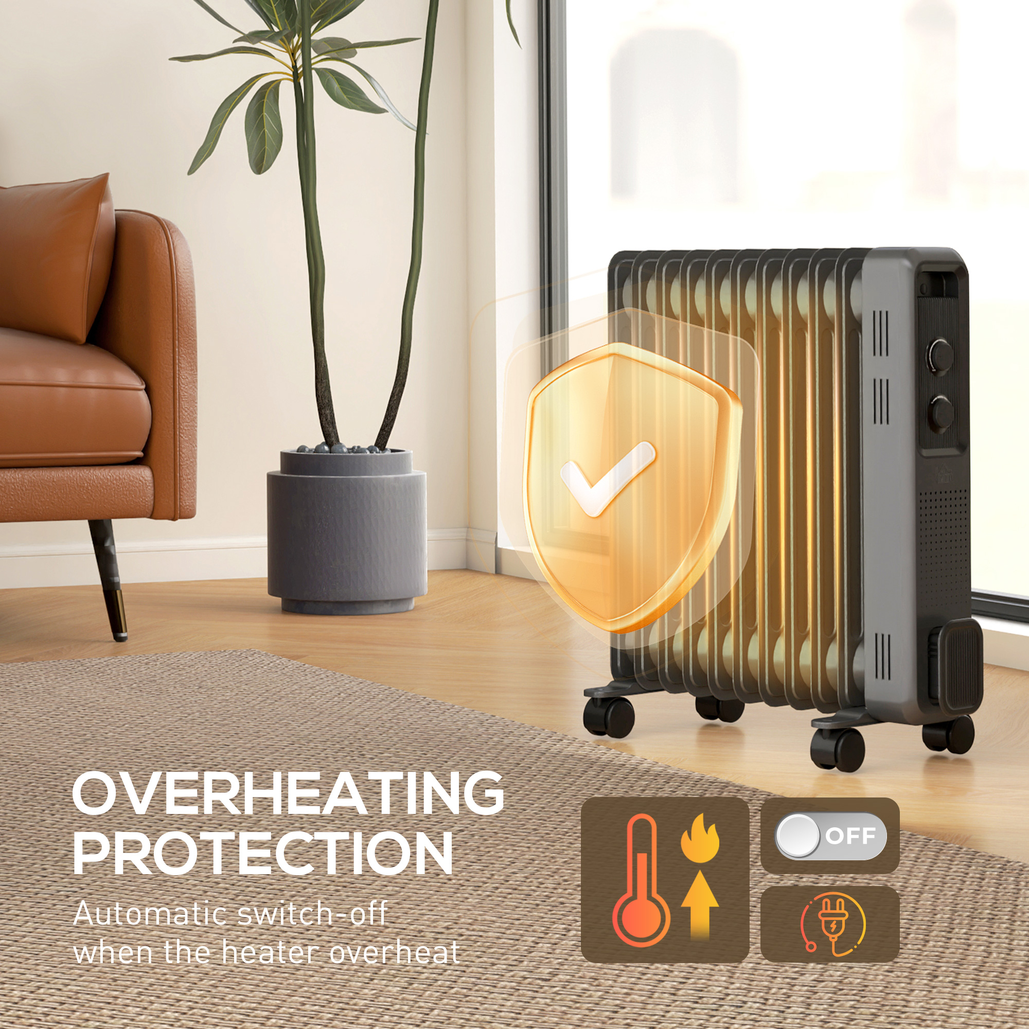 HOMCOM 2500W Oil Filled Radiator, 11 Fin, Portable Electric Heater with 3 Heat Settings, Safety Cut-Off and Wheels, Grey 6