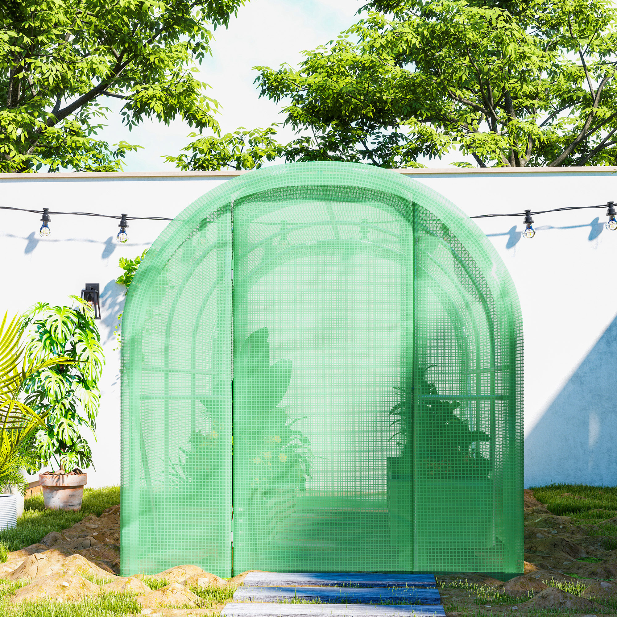 Outsunny 3 x 2 x 2m Polytunnel Greenhouse with Hinged Door, Walk-in Grow House Tent with PE Cover and Galvanised Steel Frame, Green 9