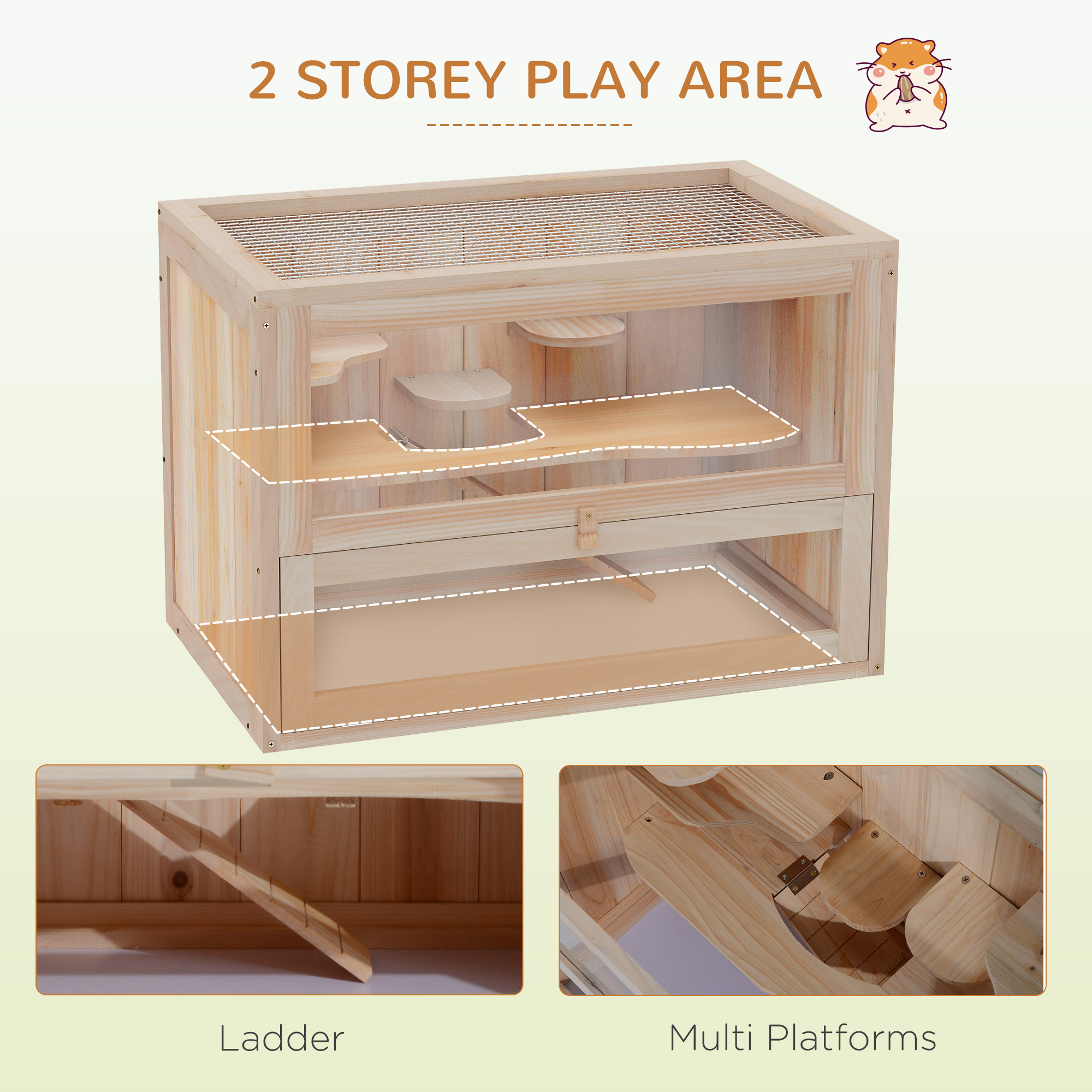 PawHut Wooden Hamster Cage Mouse Mice Rodent Small Animals Hutch Exercise Play House 60 x 35 x 42cm, Natural Wood Finish 4