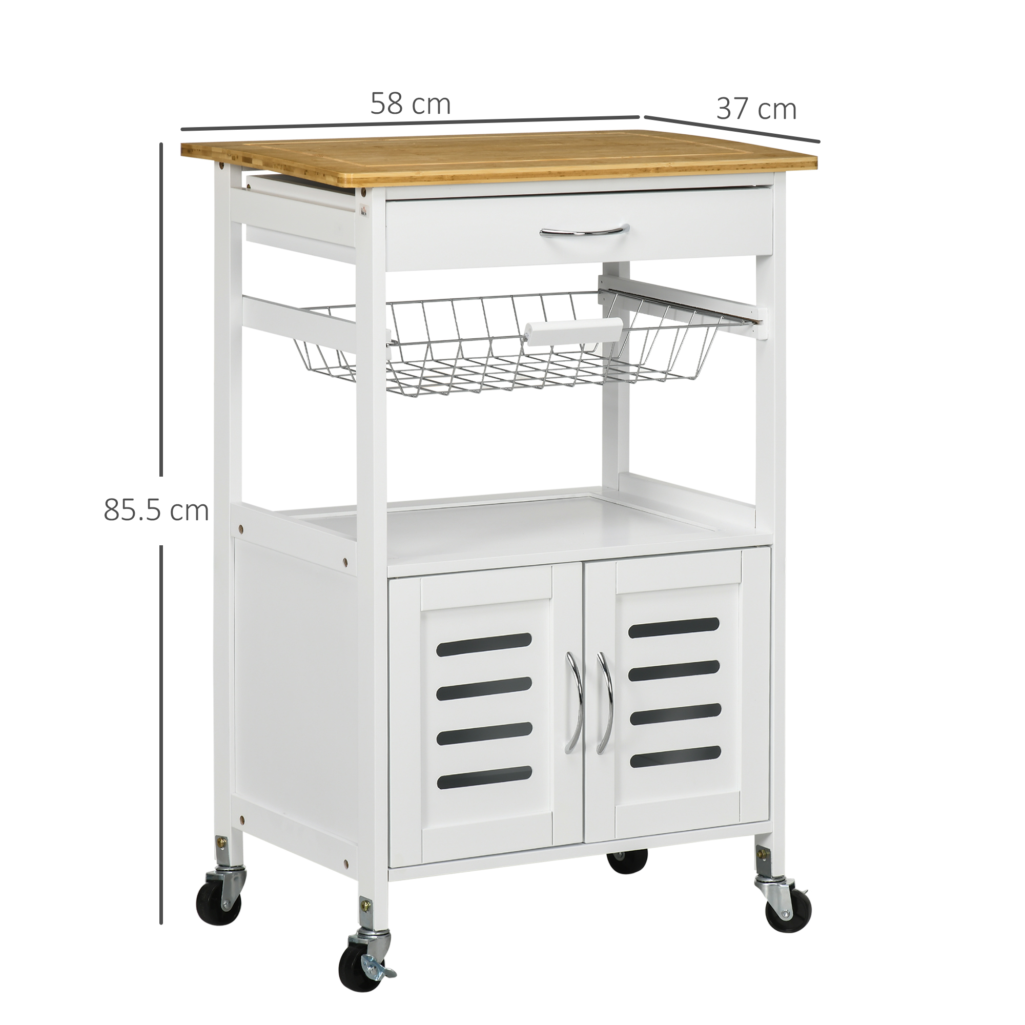 HOMCOM Rolling Kitchen Island Trolley Utility Cart on Wheels with Bamboo Table Top, Storage Cabinet, Drawer and Wire Basket 3
