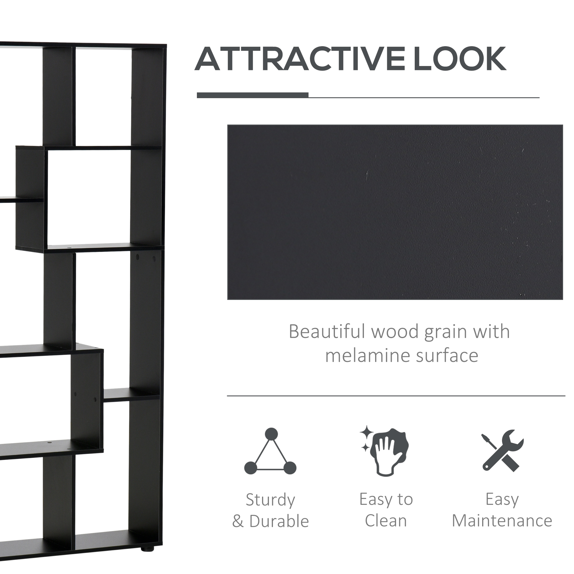 HOMCOM 8-Tier Freestanding Bookcase w/ Melamine Surface Anti-Tipping Foot Pads Home Display Storage Grid Stand Bedroom Living Room Furniture Modern Style Black 5