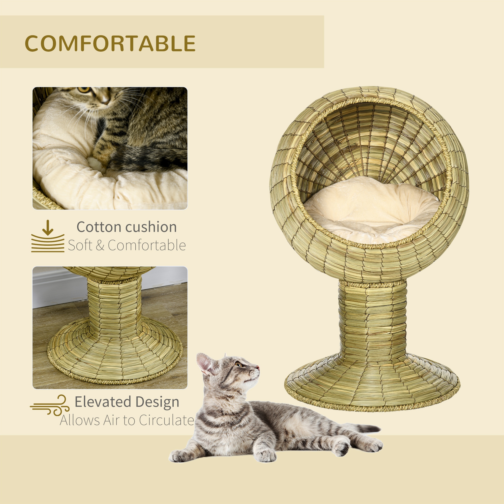PawHut Raised Detachable Cat house, Natural Mat Grass Cat Bed, with Cushion 5