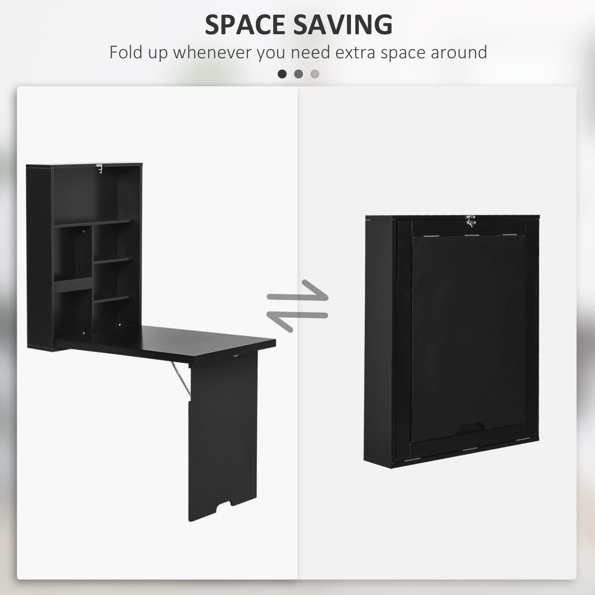 HOMCOM Folding Wall-Mounted Drop-Leaf Table, Convertible Wall Table With Chalkboard and Storage Shelf, Multifunctional Floating Desk for Home Office, Black 6