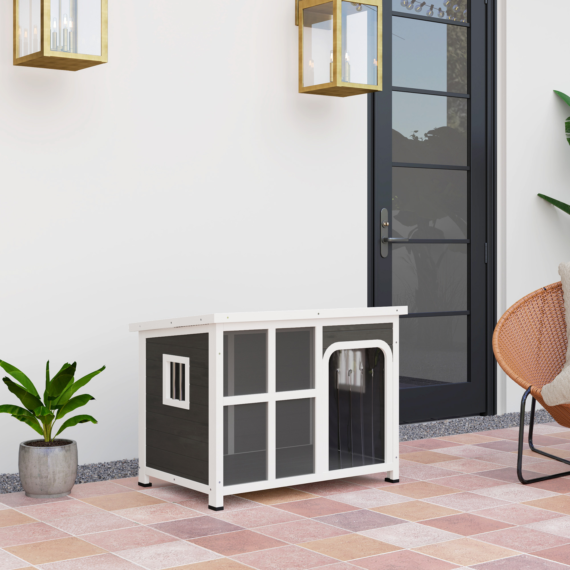 PawHut Wooden Outdoor Dog House with Asphalt Openable Top, Removable Floor, Clear Front Panel, Curtain, Light Grey 8