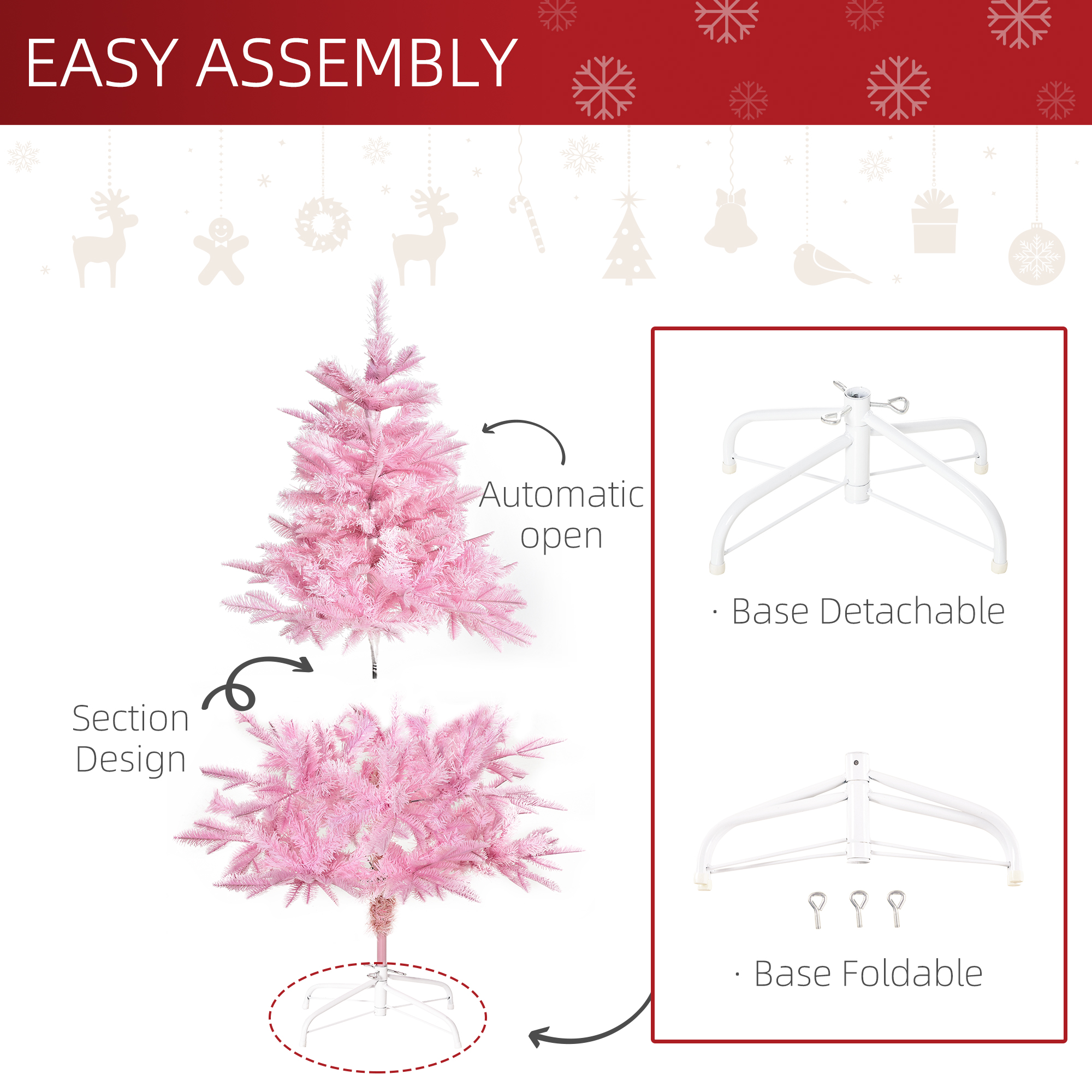 HOMCOM 4FT Artificial Christmas Tree Holiday Xmas Holiday Tree Decoration with Automatic Open for Home Party, Pink 6