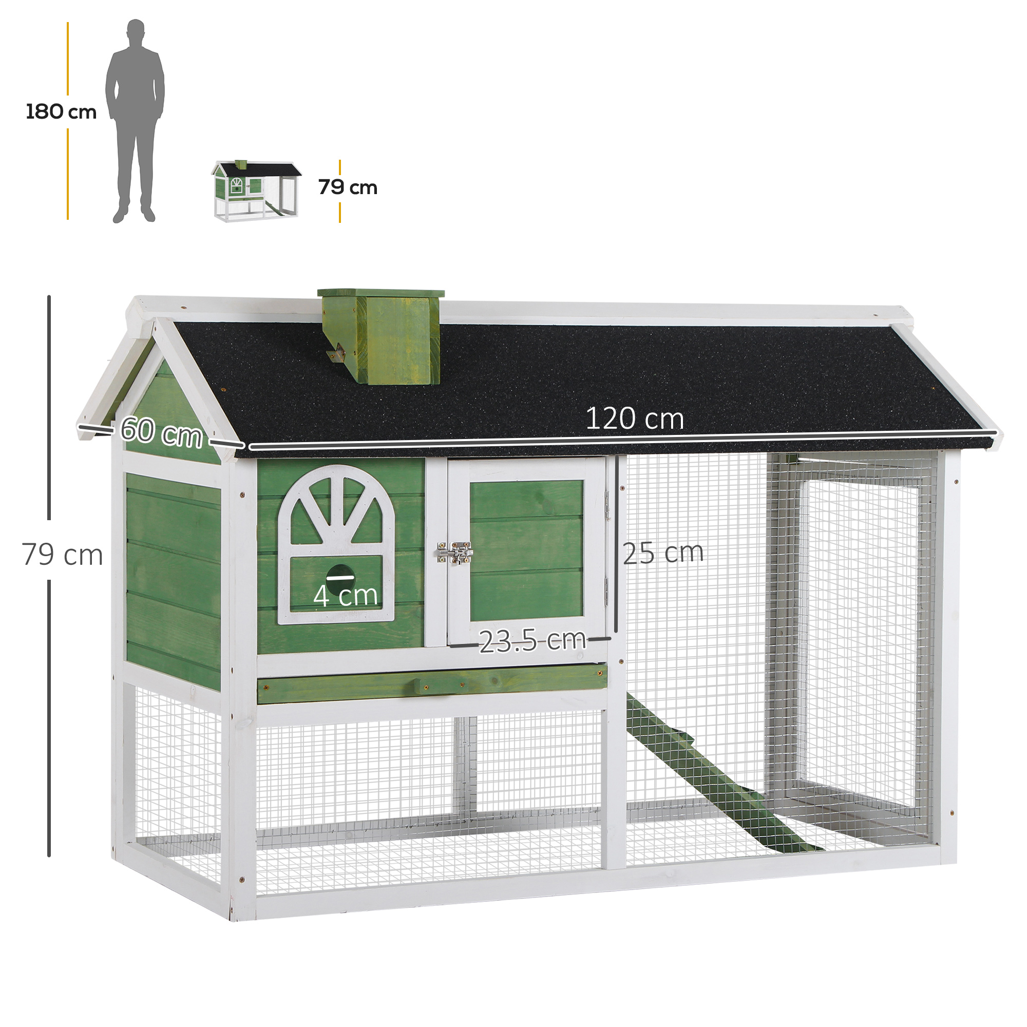 PawHut Wooden Rabbit Hutch and Run with Sliding Tray, Ramp, Water-resistant Roof, for 2-4 Rabbits, Green 3